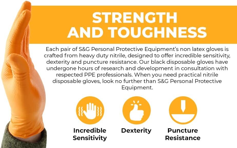 S&G Heavy Duty Orange Nitrile Disposal Gloves Powder Latex Free 8 Mil ML XL XXL