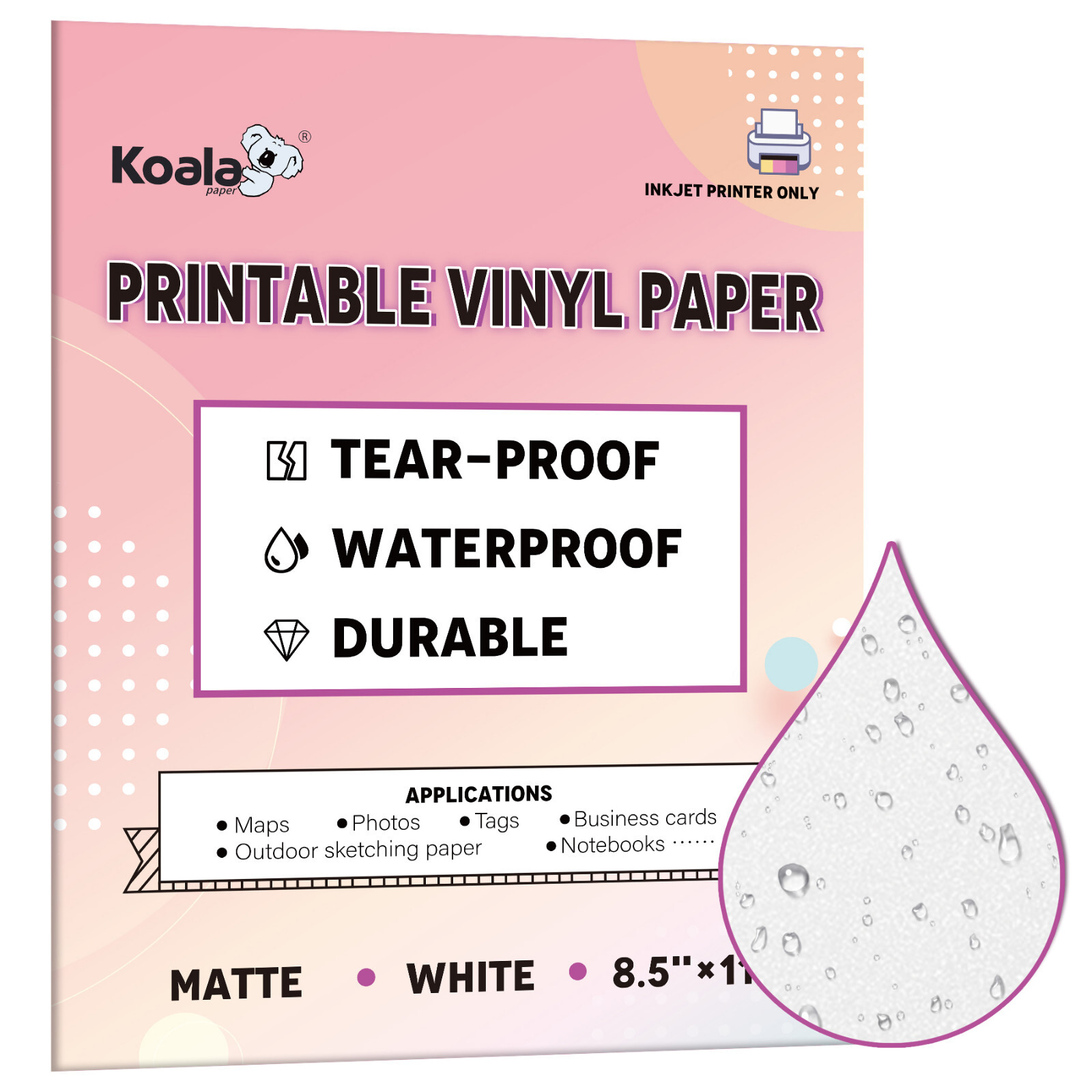 Koala Waterproof Printer Paper 8.5x11 Matte White Inkjet Printable Vinyl Sheets
