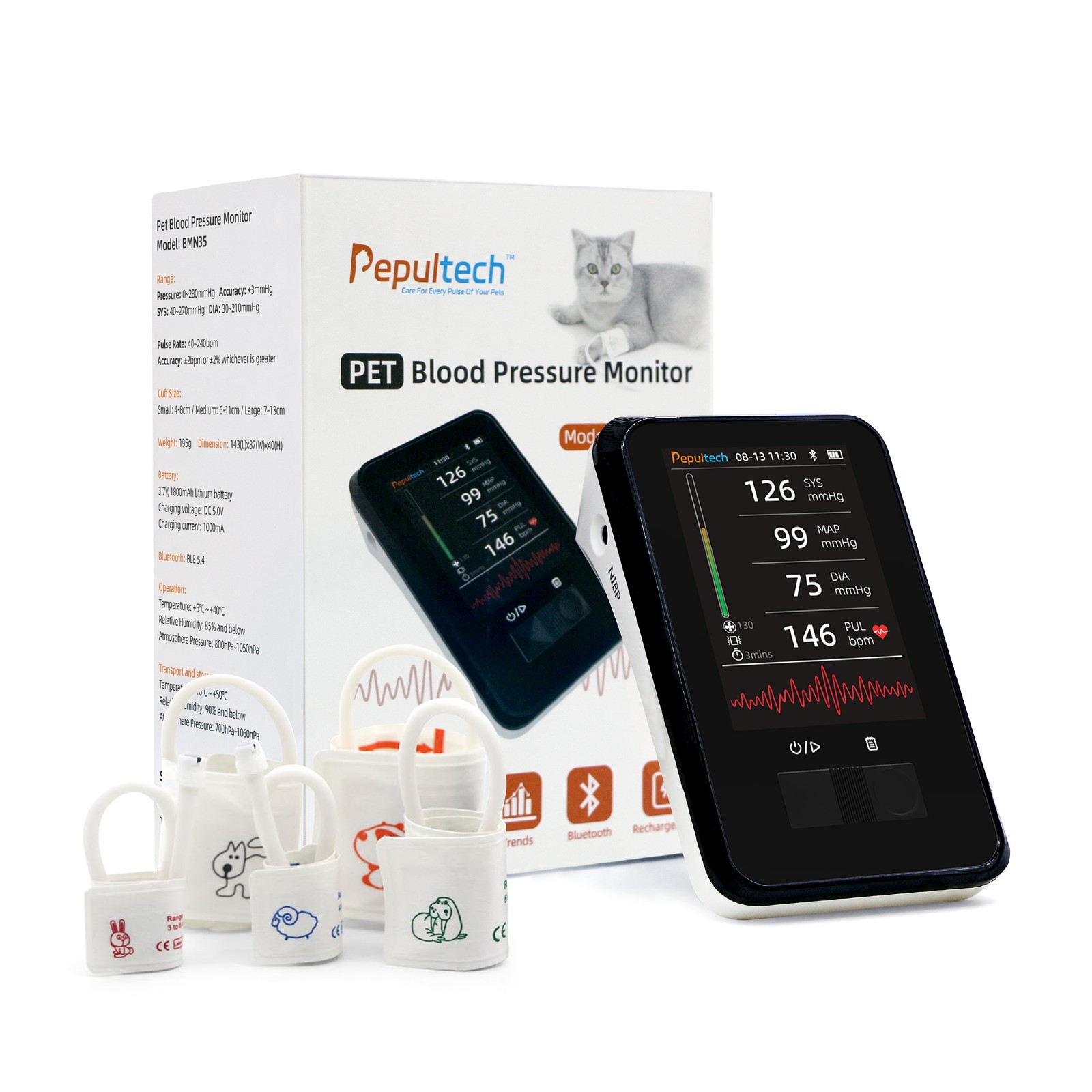 Pet Blood Pressure Monitor 5Cuffs for Dog&Cat Rechargeable for Family Clinic Use