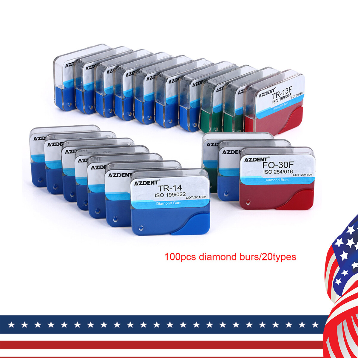 100Pzas Dental Fresas Dentales de Diamante FG Mezclado 20 Tamaño AZDENT