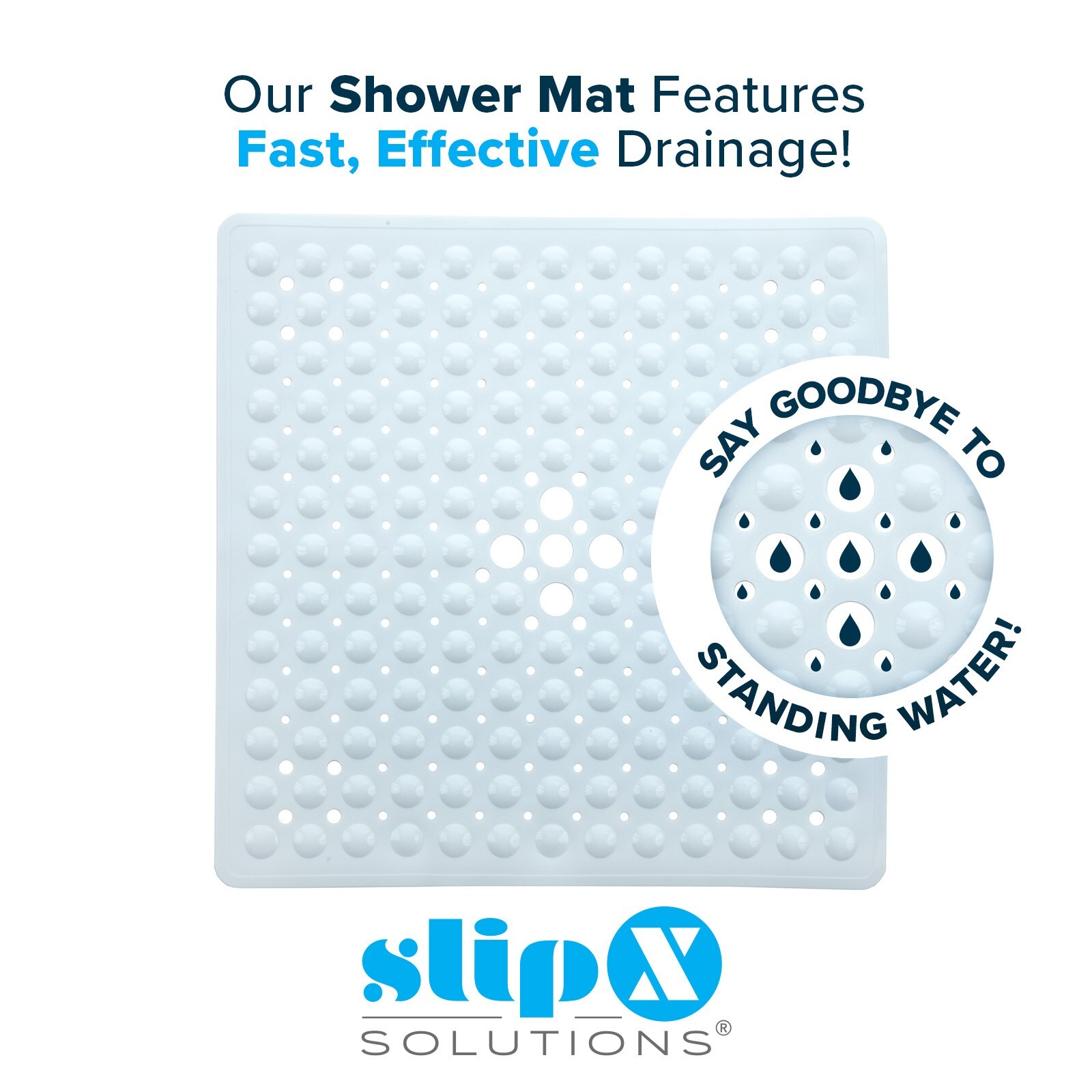 Large Non-Slip Shower Mat with Drain Holes: White Square Shower Mat