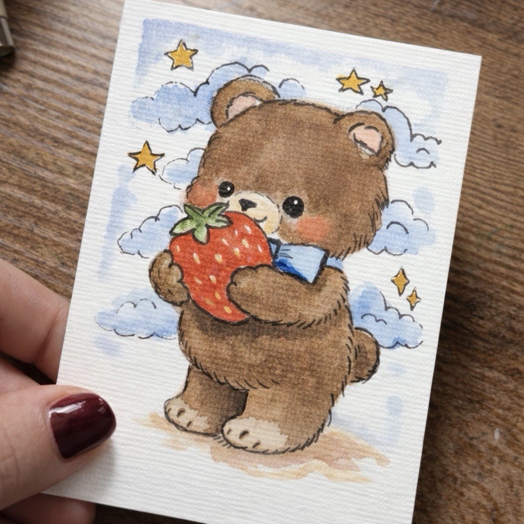 ACEO Original PRINT Painting Bear Holding  Strawberry Angelina Abraham
