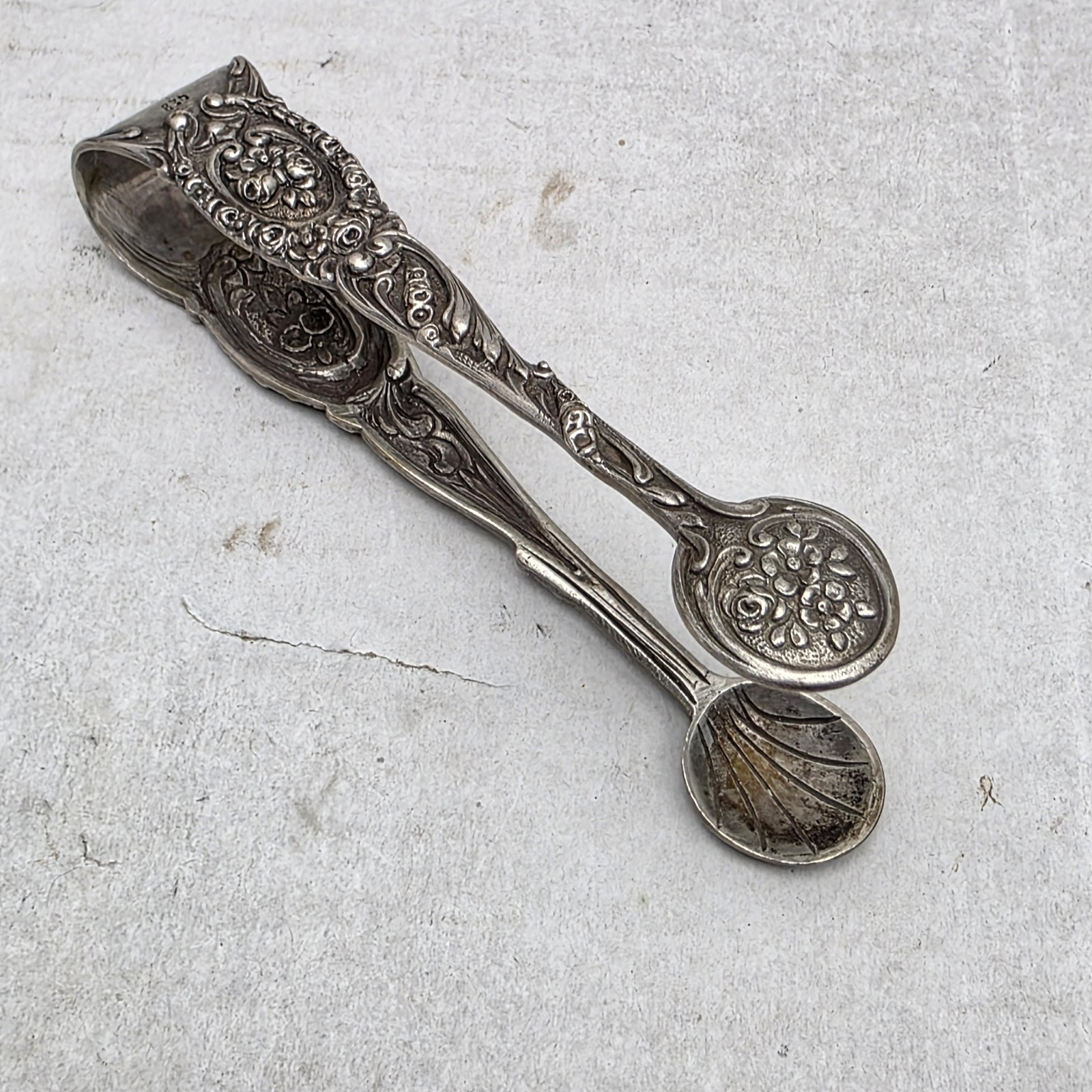Antique German 830 Silver Sugar Tongs - Ornate Hildesheimer Rose Pattern - 4"