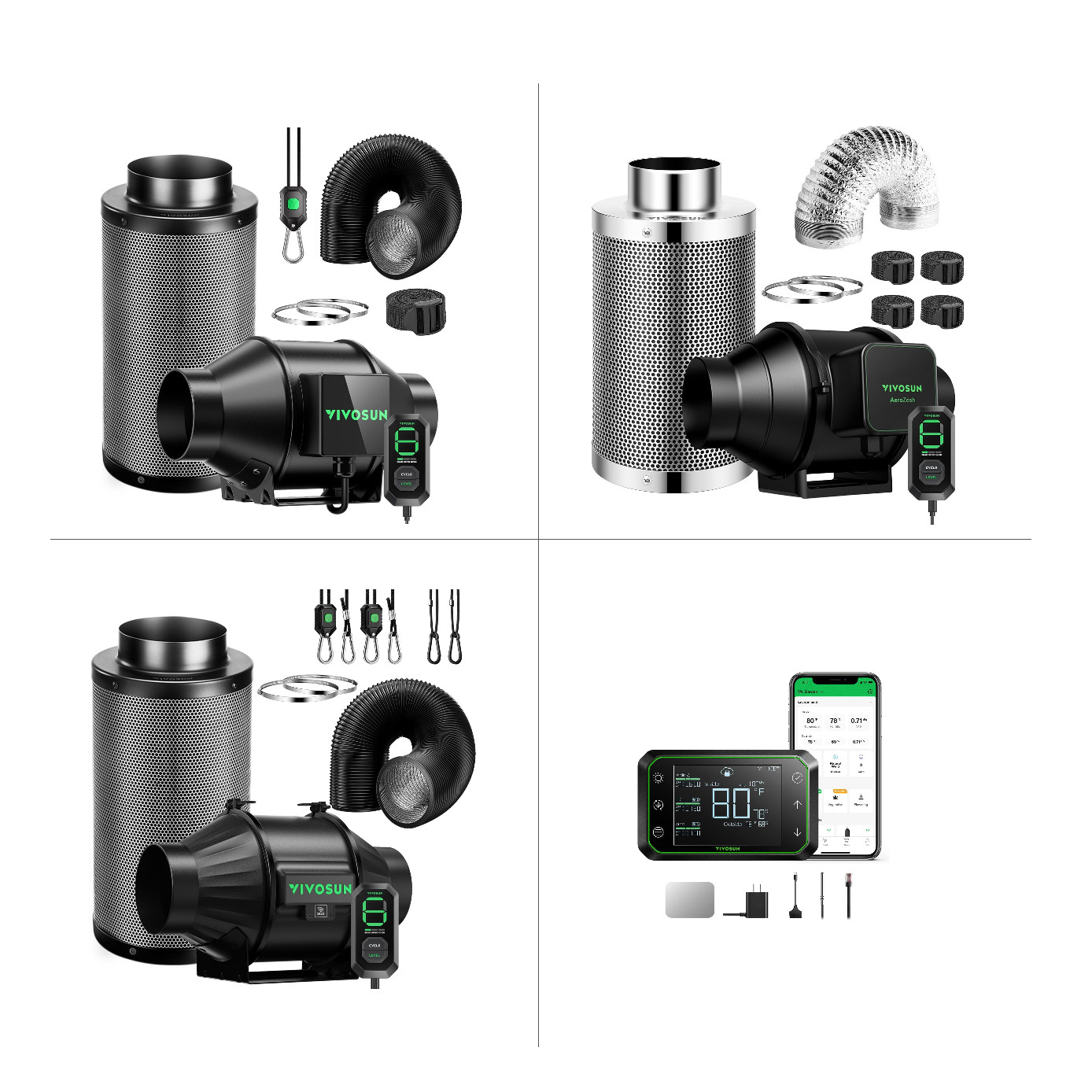VIVOSUN 4/6/8 Air Filtration Kit Inline Fan w/ Smart Controller Filter & Ducting