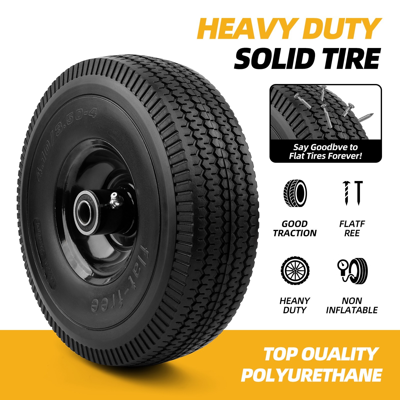 4PCS Upgrade 4.10/3.50-4 Flat Free Solid Rubber Tire and Wheel, 10" Solid Tires