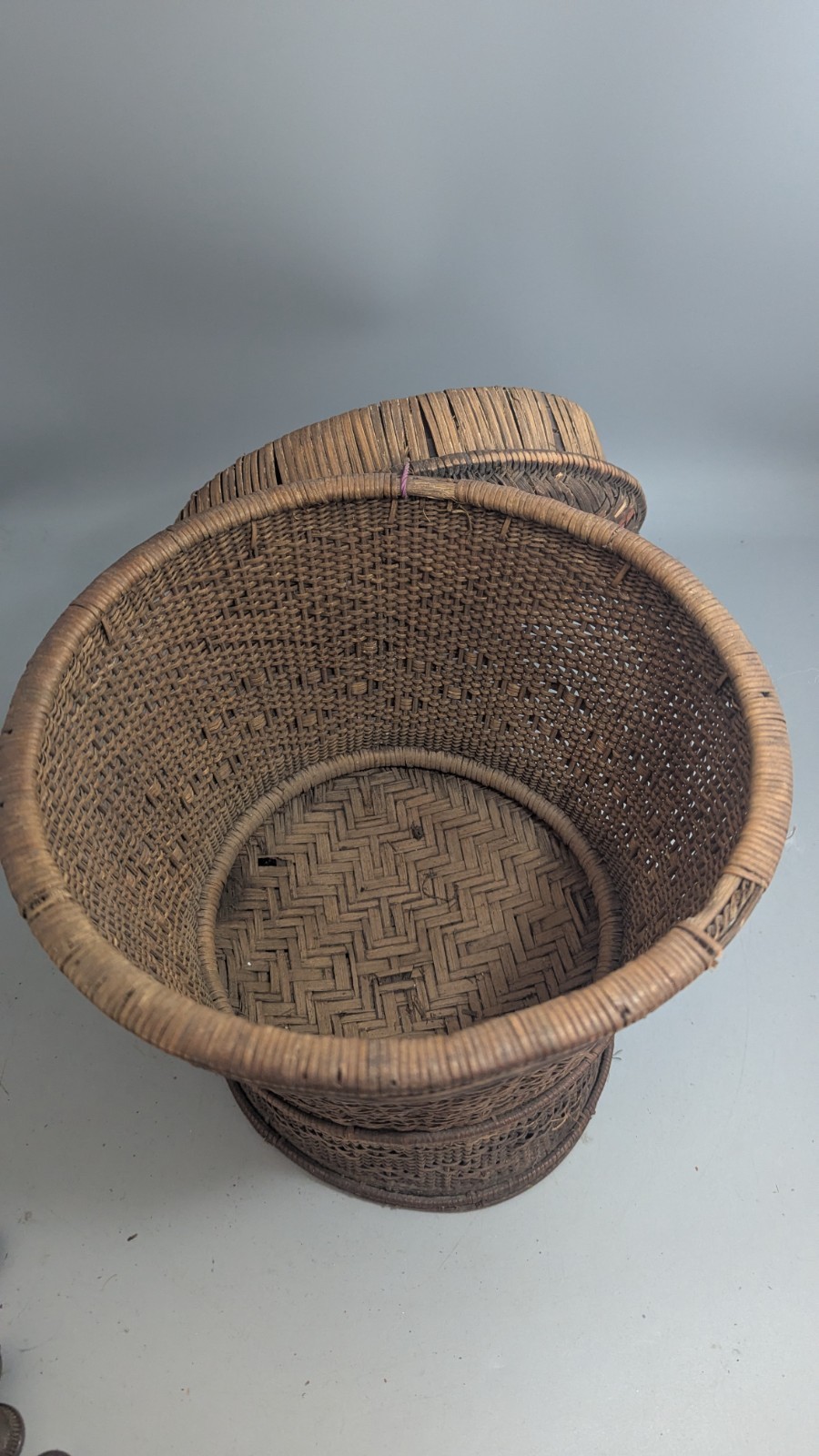 Older Dayak Borneo Rattan Lidded Basket Pedestal Rice Storage Indonesian