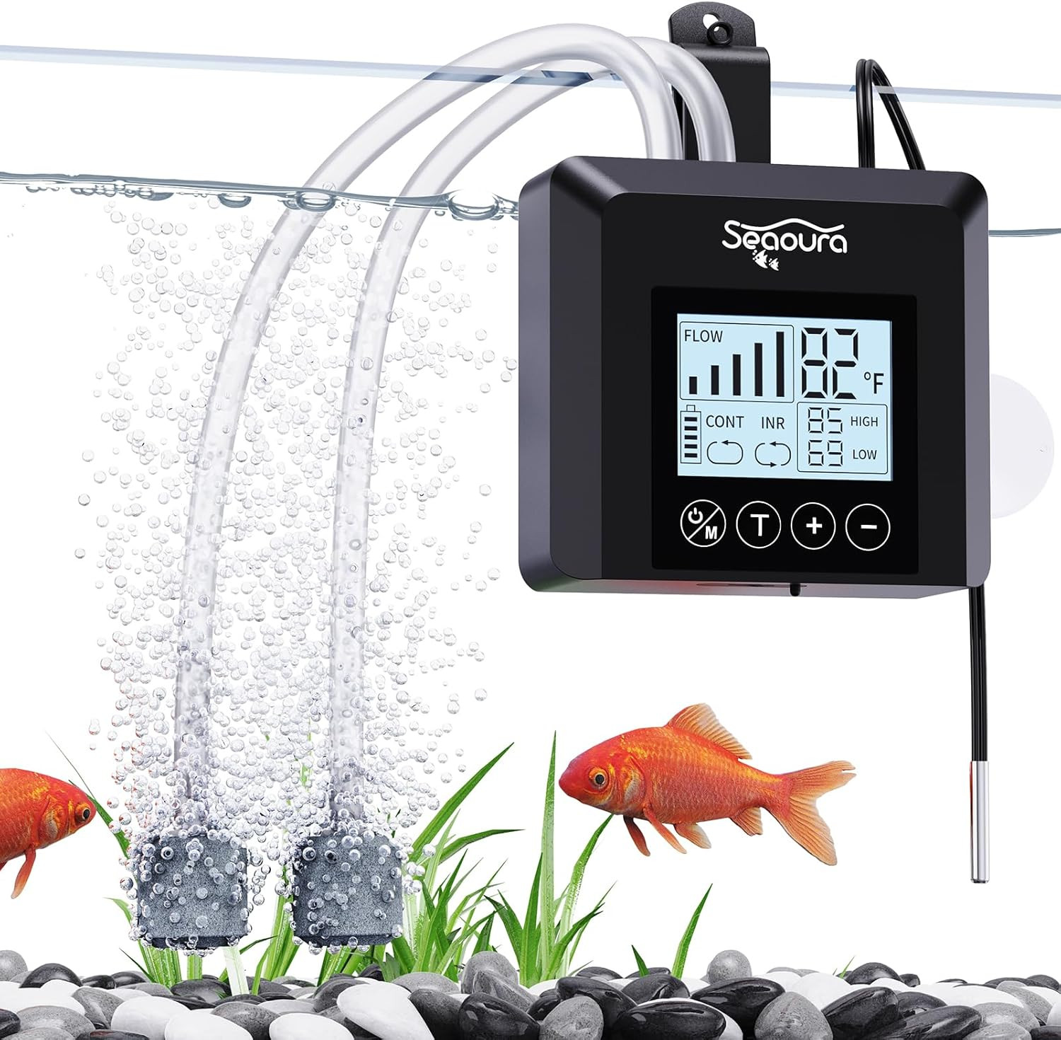 USB Rechargeable Portable Aerator Fish Tank with Digital Thermometer, Battery Po