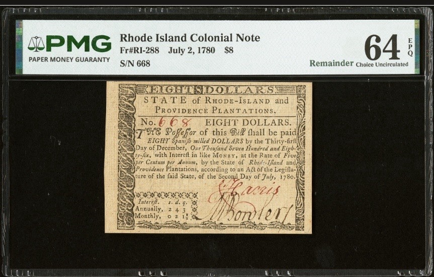 PMG 64. 1780 RHODE ISLAND Colonial Currency American Revolution Bank Note RI-288