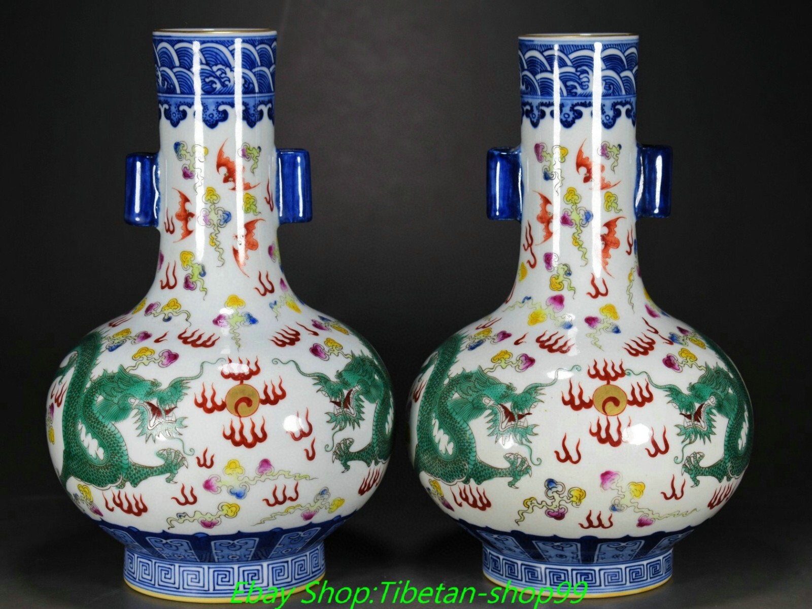 10.2'' Qing Yongzheng Marked Blue White Colour Porcelain Gold Bottle Vase Pair