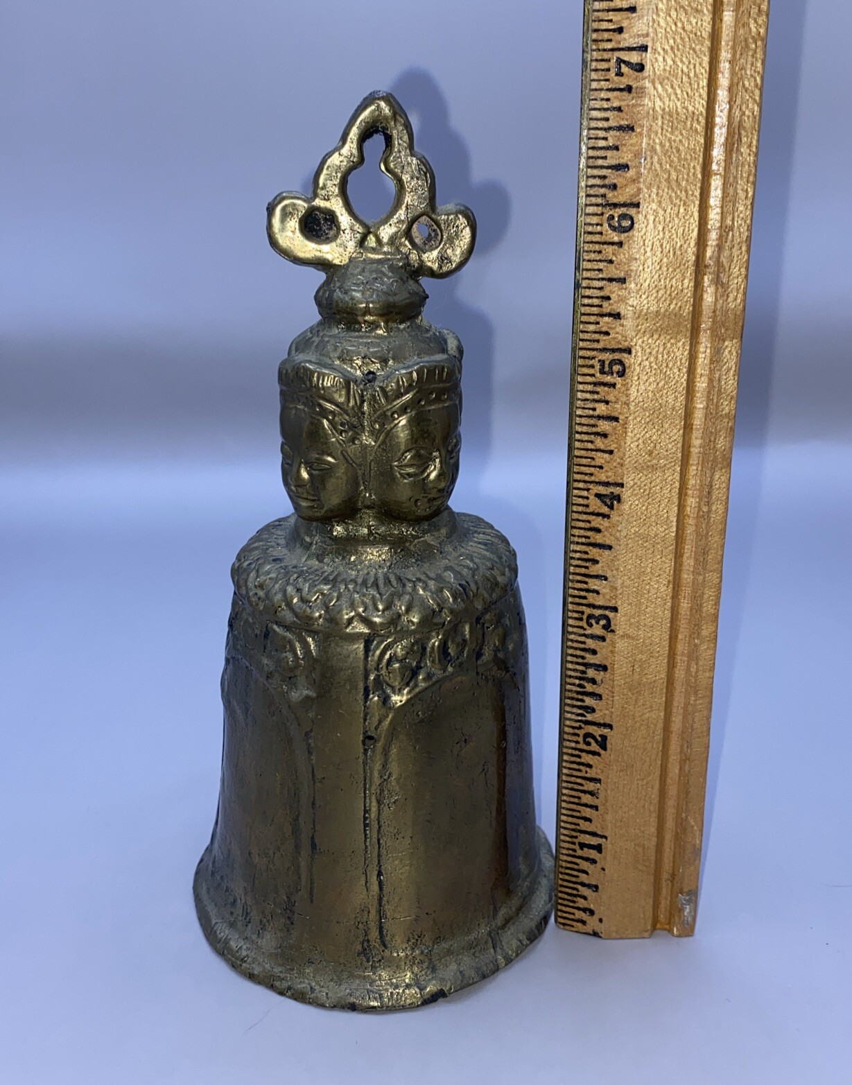 Antique BRONZE TEMPLE BELL Buddhist Tibetan Ritual Temple Bell W/ 4 Faces Handle