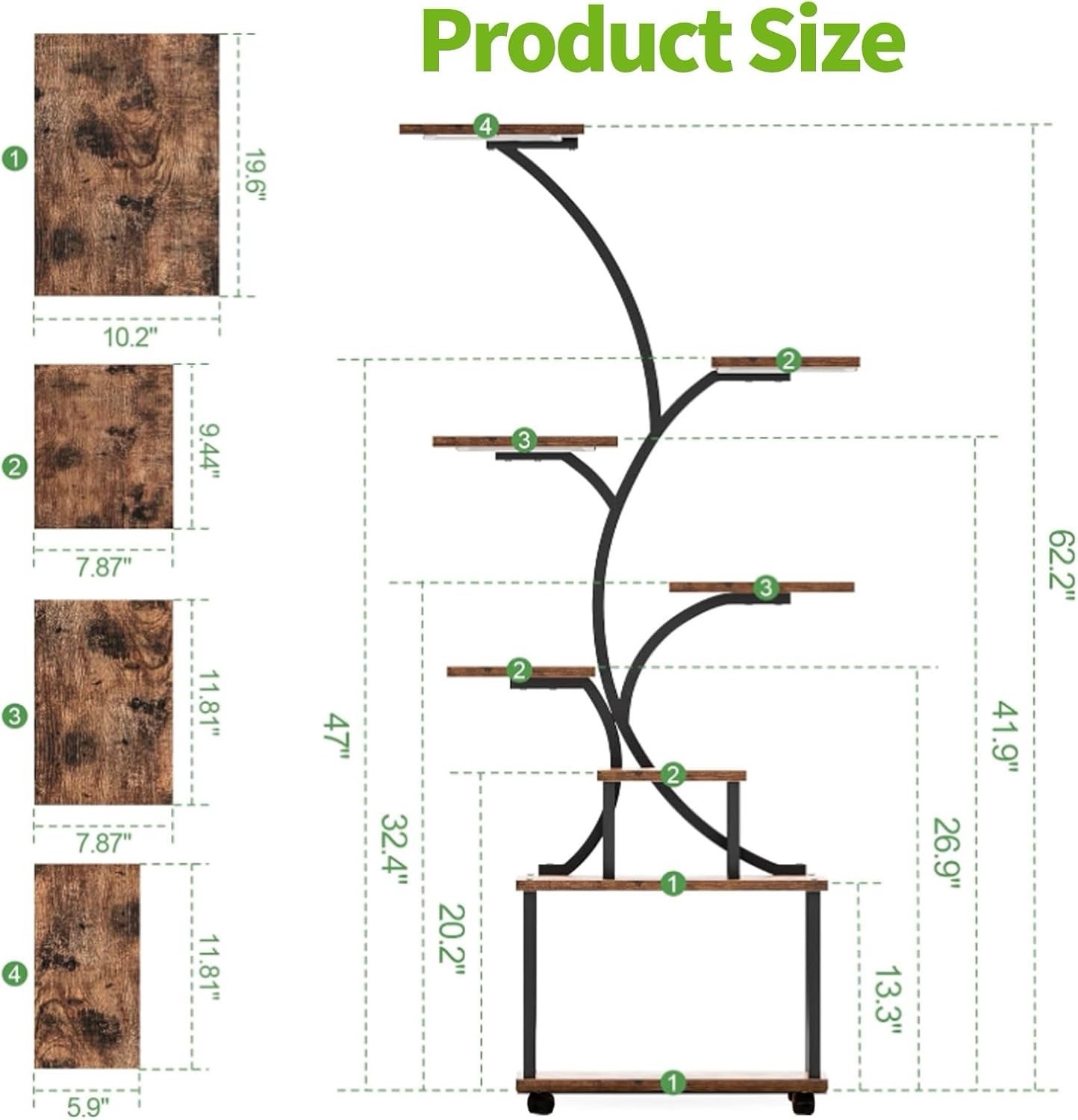 62" Indoor Plant Stand with Grow Lights 8 Tiered Display Shelf for Home Garde