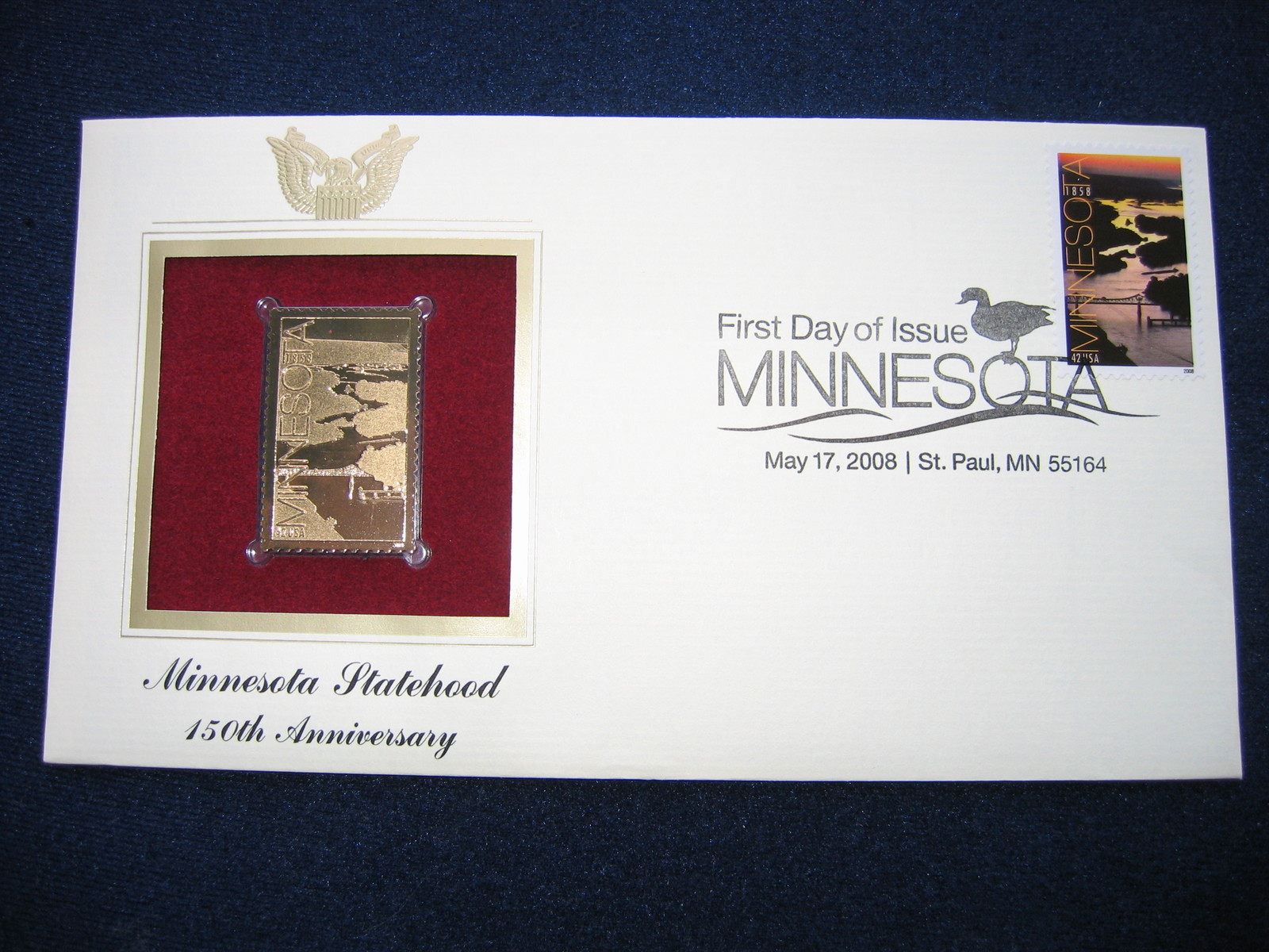 2008 Minnesota Statehood 150th Anniversary Replica 22kt Gold Golden Cover Stamp