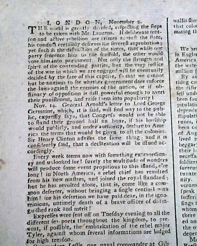 AMERICAN REVOLUTIONARY WAR Benedict Arnold John Andre Cowpens SC 1781 Newspaper