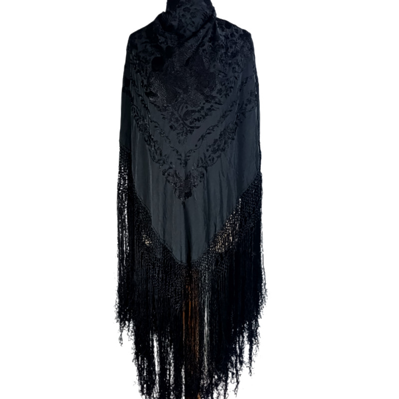 Antique Hand-Embroidered Silk Piano Shawl Wrap Floral Fringe 51" Vintage Luxury