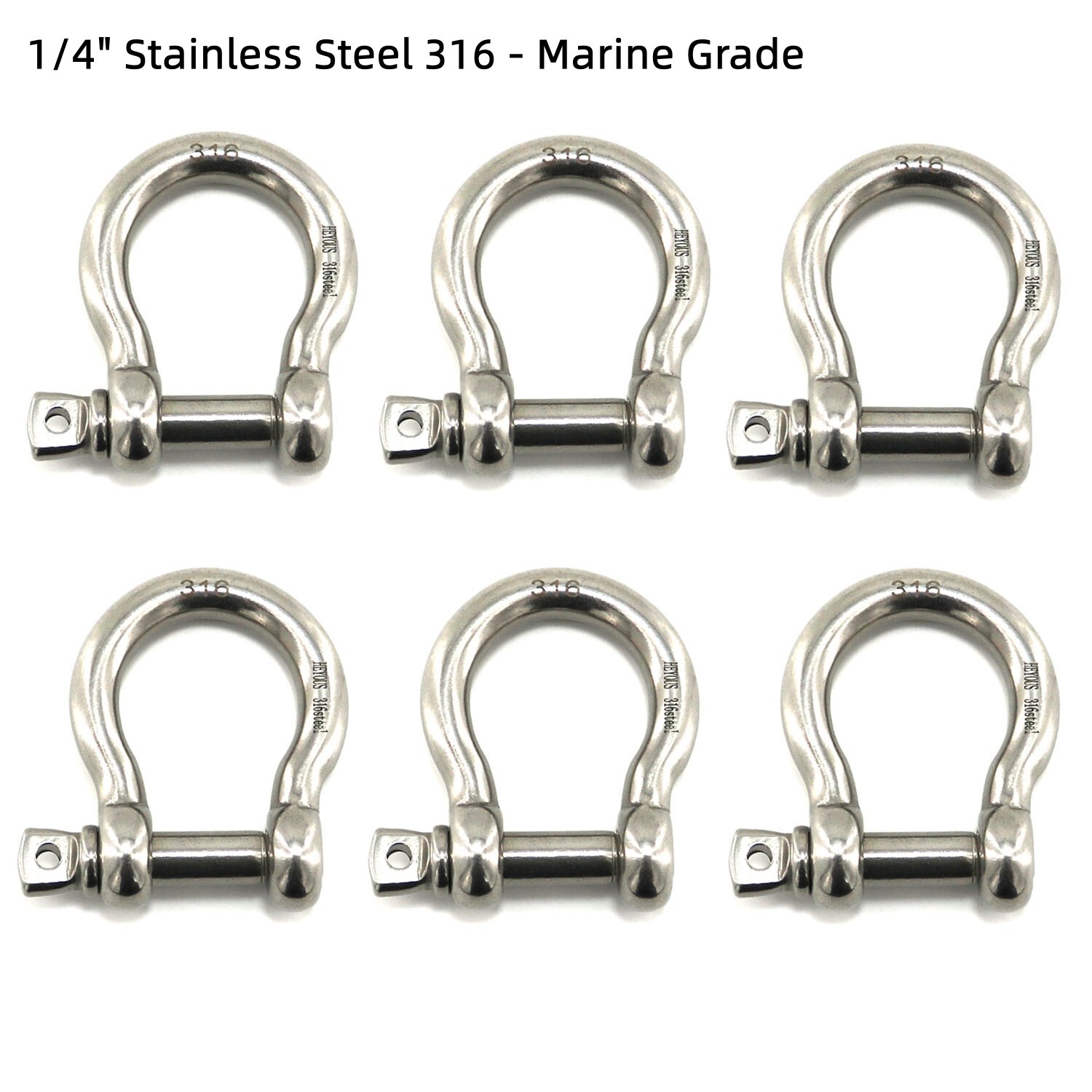 6 Pack 1/4" Stainless Steel D-Ring Shackle Heavy Duty Screw Pin Anchor Shackle