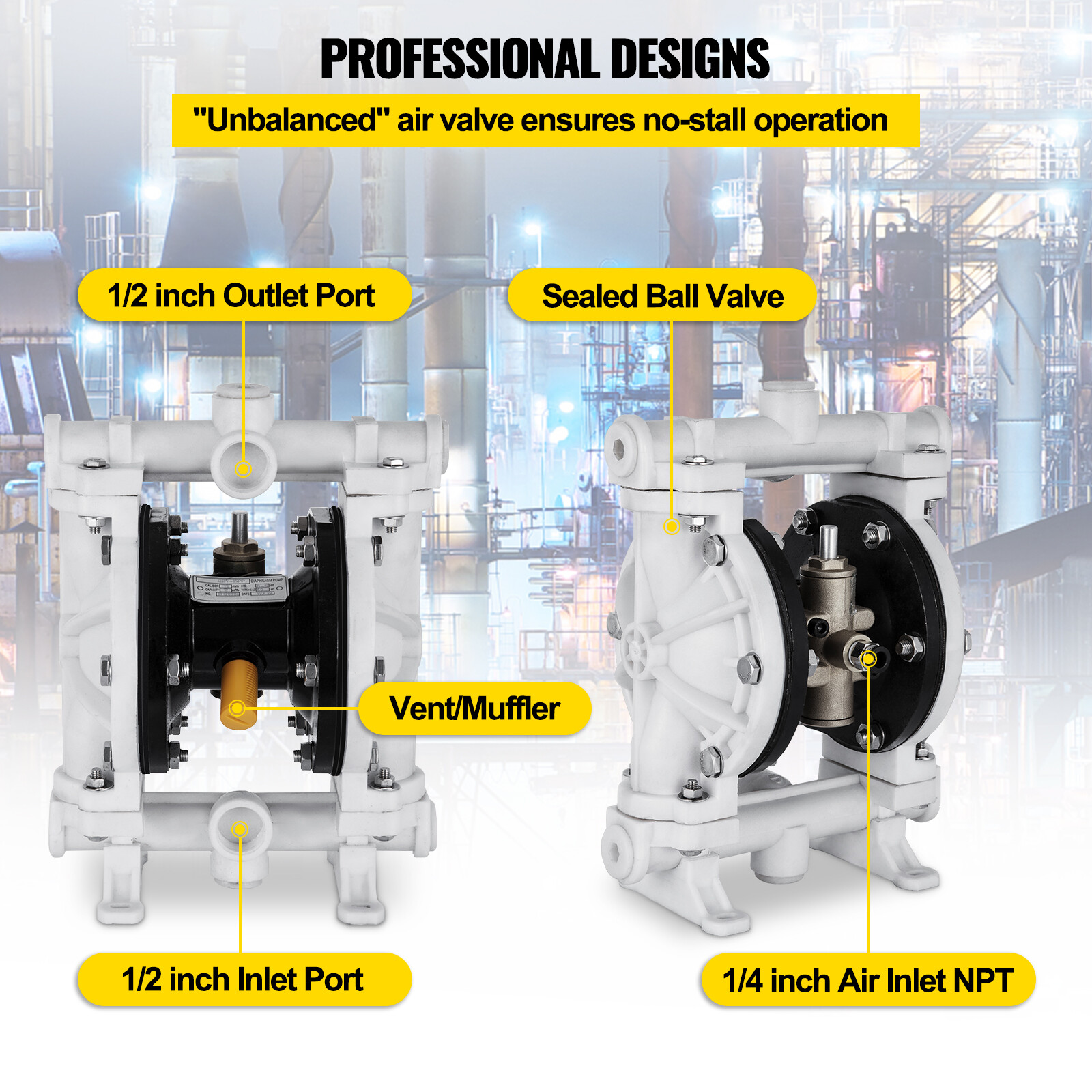 VEVOR 2.5GPM Air-Operated Double Diaphragm Pump Polypropylene