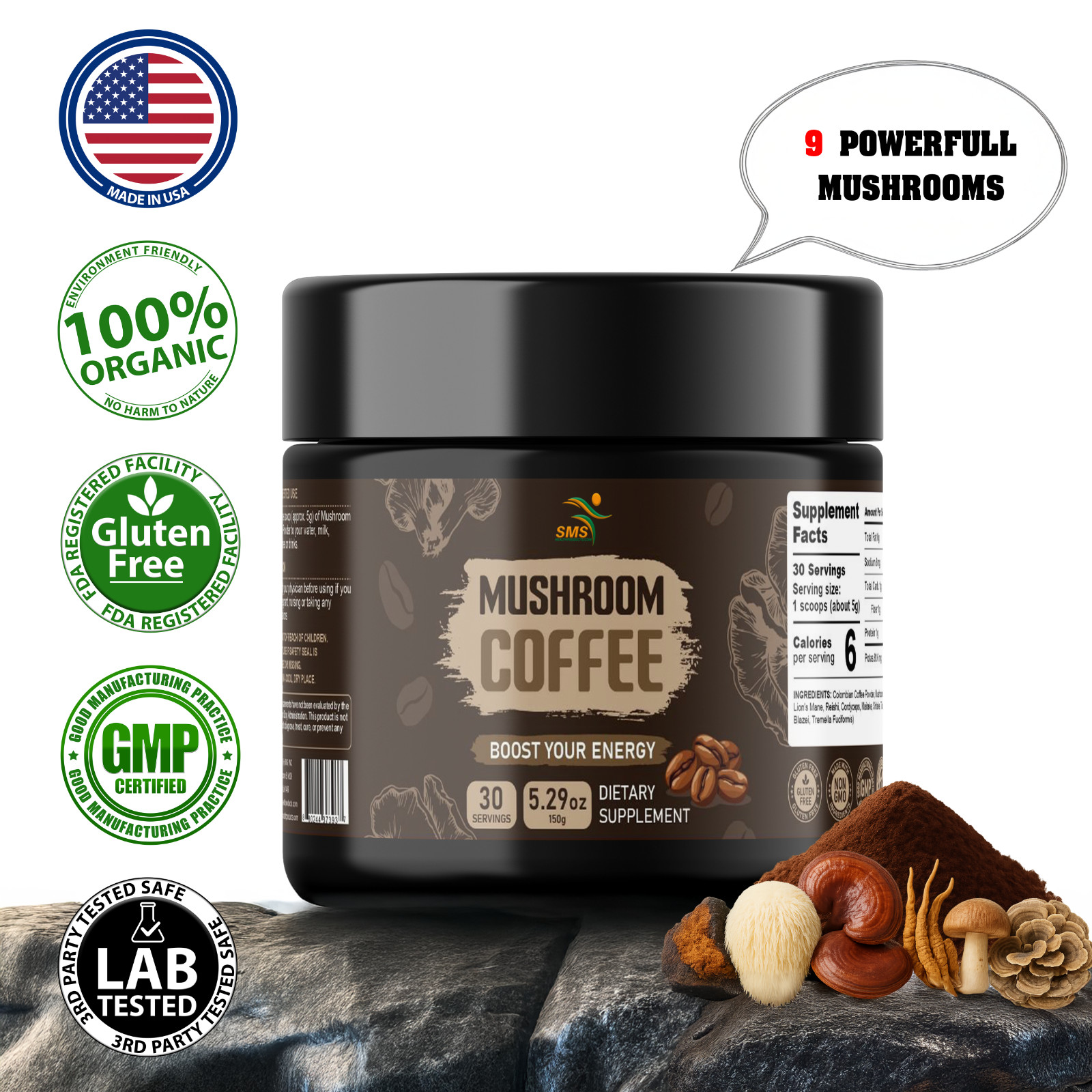 Organic Mushroom Coffee 9 Adaptogenic Mushroom 150g 30 Servings