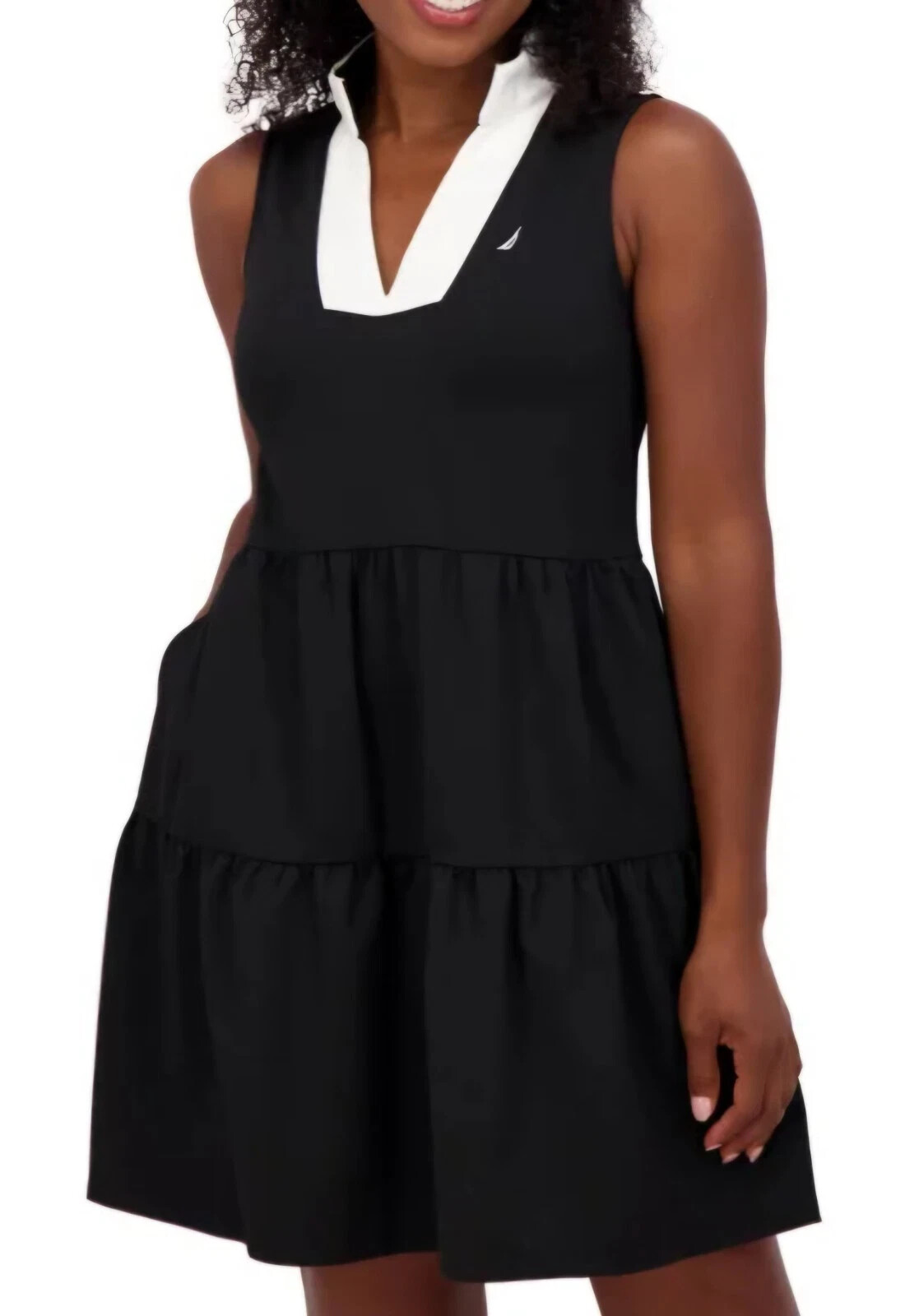Nautica Jeans Women's Tiered Collar Sleeveless Mini Dress, Black, Size L