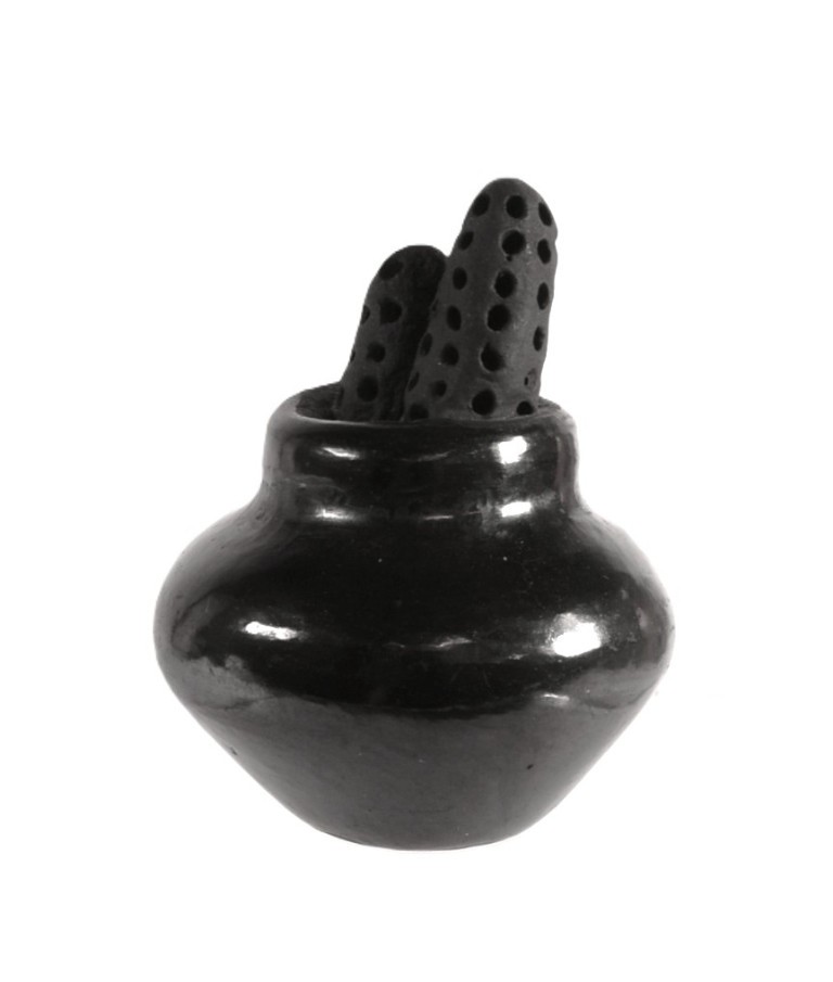 Santa Clara Pueblo Small Pot with Corn Black Pottery By Dorothy and Paul