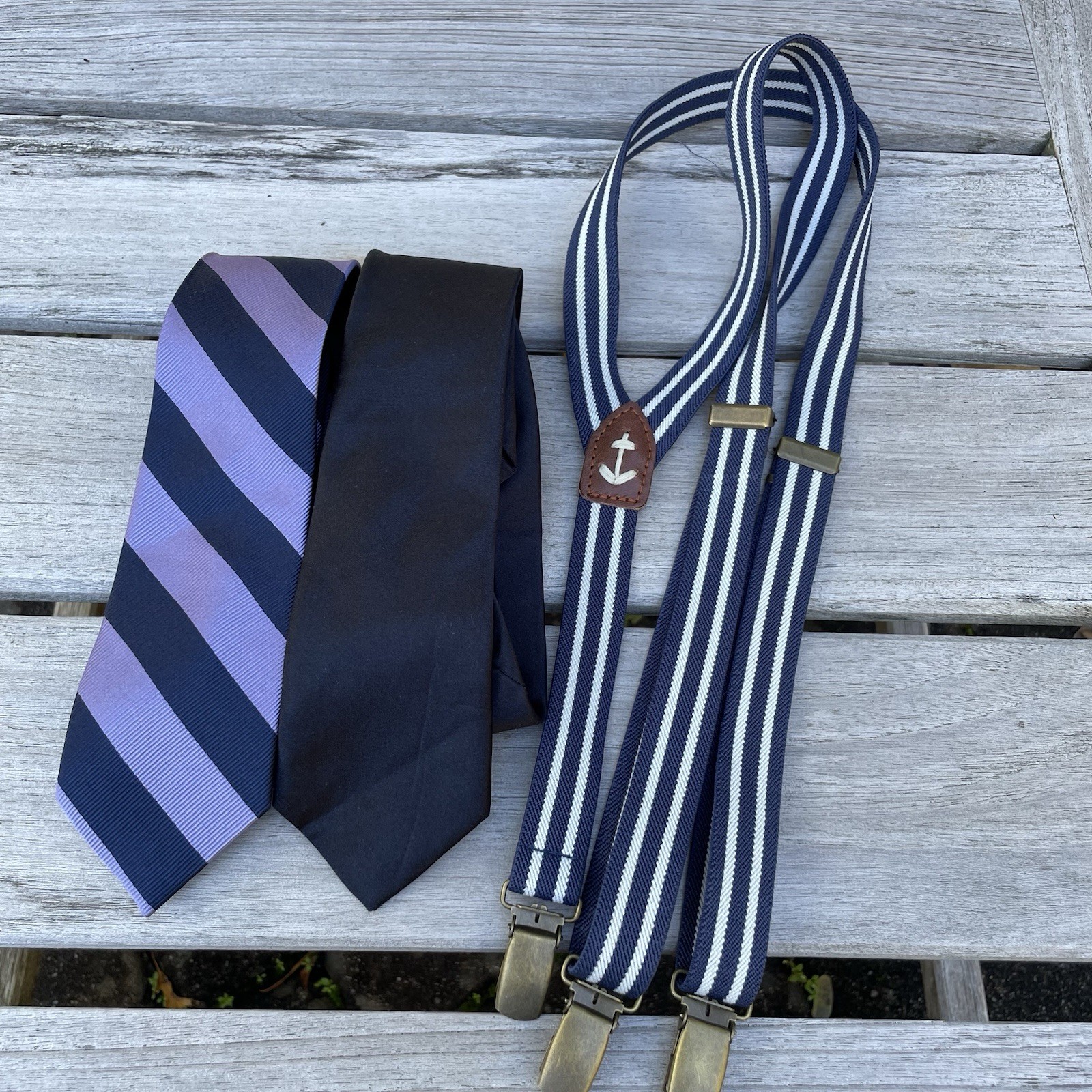 Boy's J CREW CREWCUTS Lot of 2 Neckties and Suspenders Navy Purple Stripe 2.5x52