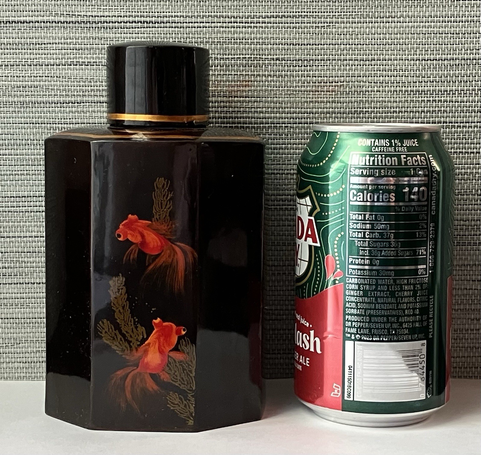 Vintage Vietnamese Lacquer Tea Caddy with Hand‑Painted Goldfish Design, 6" T