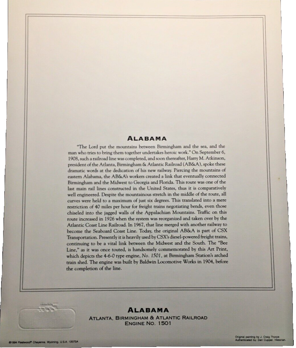 Vintage ALABAMA Atlanta, Birmingham & Atlanta Railroad Engine No. 1501 Print