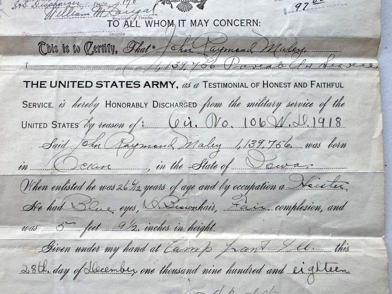 1918 WWI HONORBLE DISCHARGE PAPERS FROM THE UNITED STATES ARMY PRIVATE MALEY
