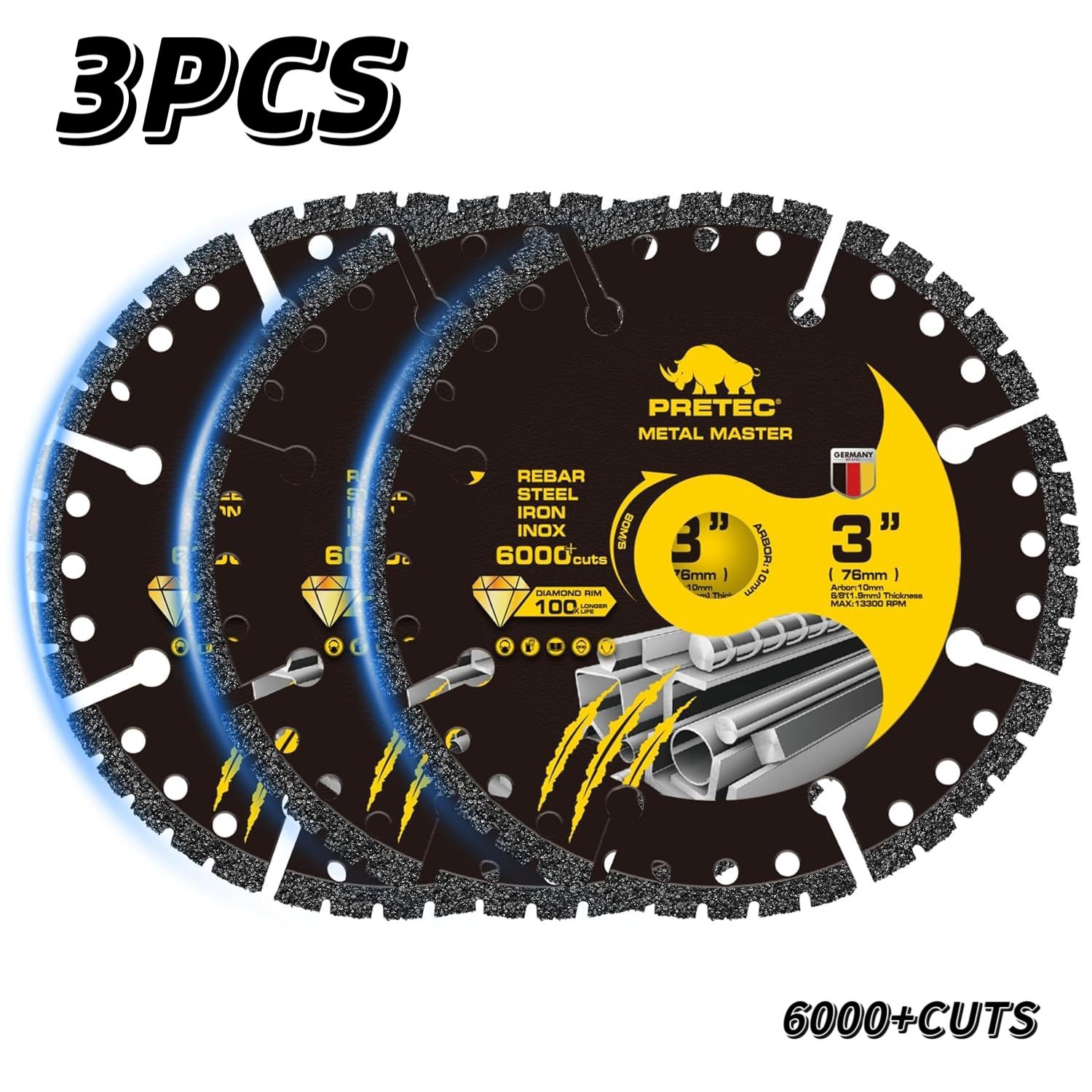 Diamond Cutting Wheel 3 Inch Metal Cut-Off with 6000+ Cuts on Rebar - 3 Pack