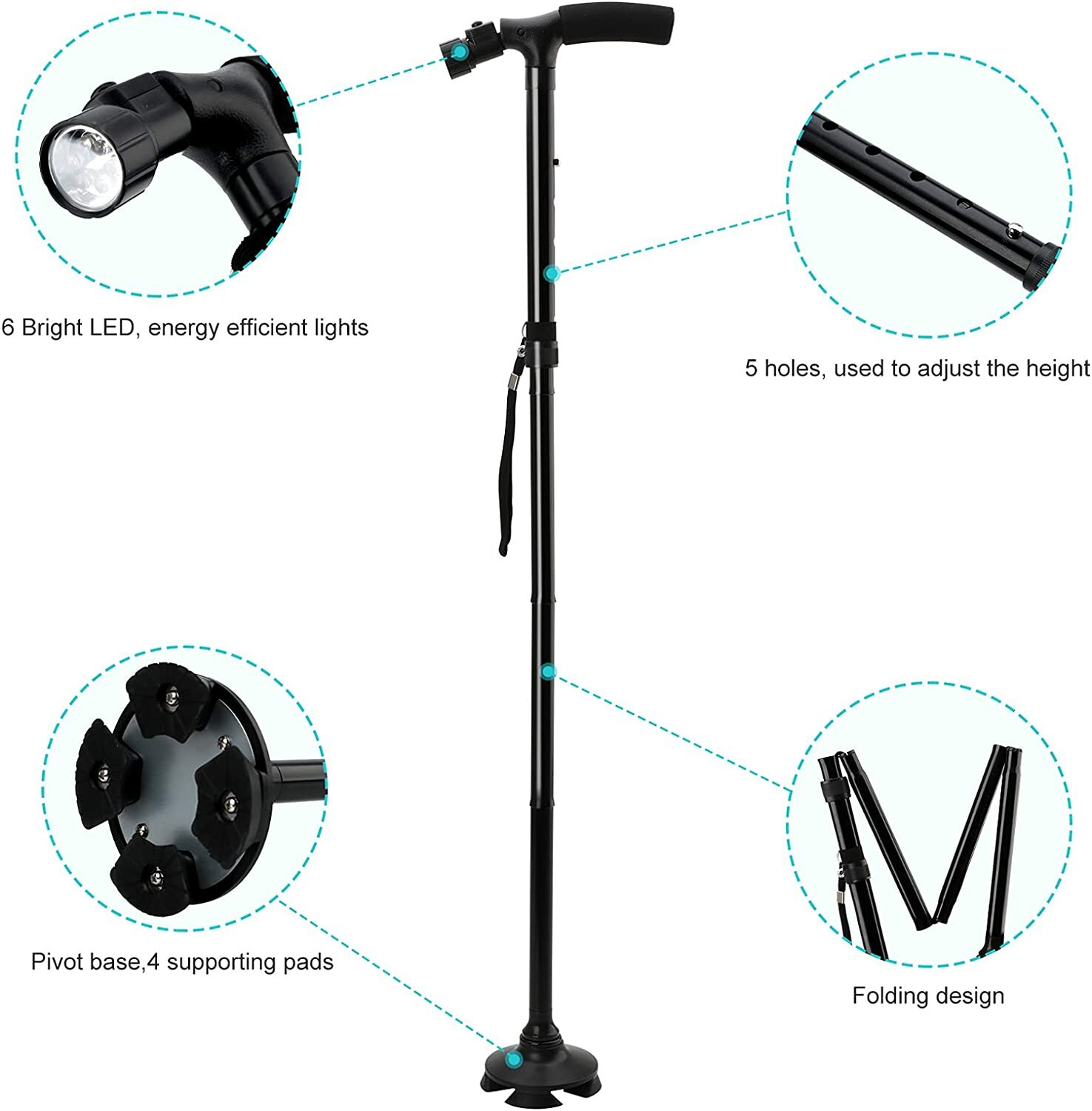 LED Folding Walking Cane for Seniors Men & Women w/ Non-Slip T Handle and Strap