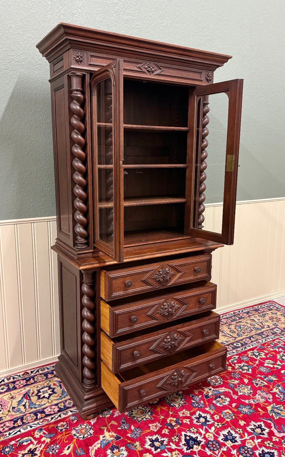 Antique French Bookcase & Chest of Drawers Display Cabinet Barley Twist Oak