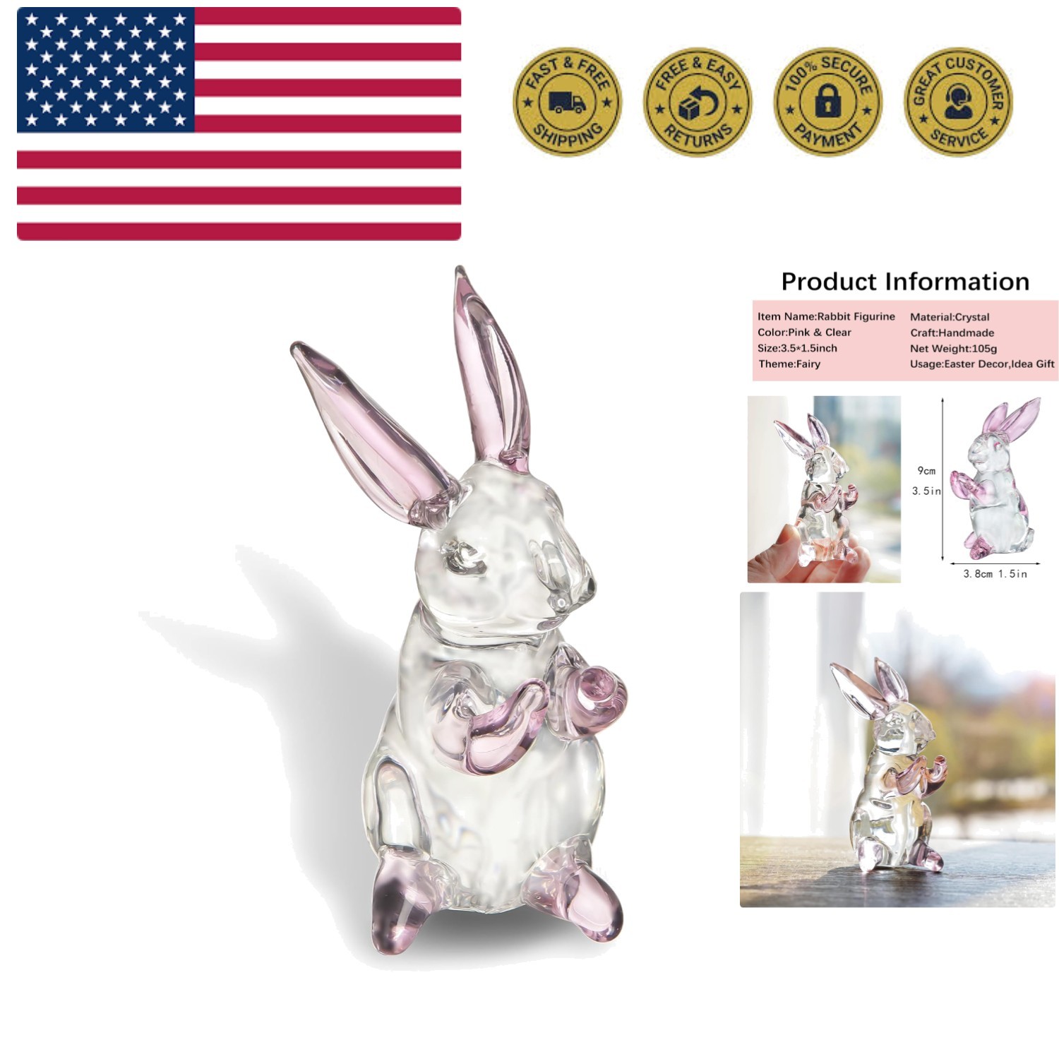 3.5inch Crystal Rabbit Bunny Figurine Collectibles Spring Easter Bunny Decora...