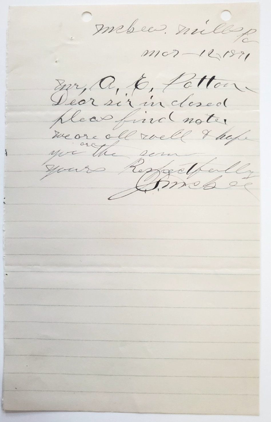 1891 Letter, J. McGee., McGees Mills, PA, To A.E. Patton (Curwensville)