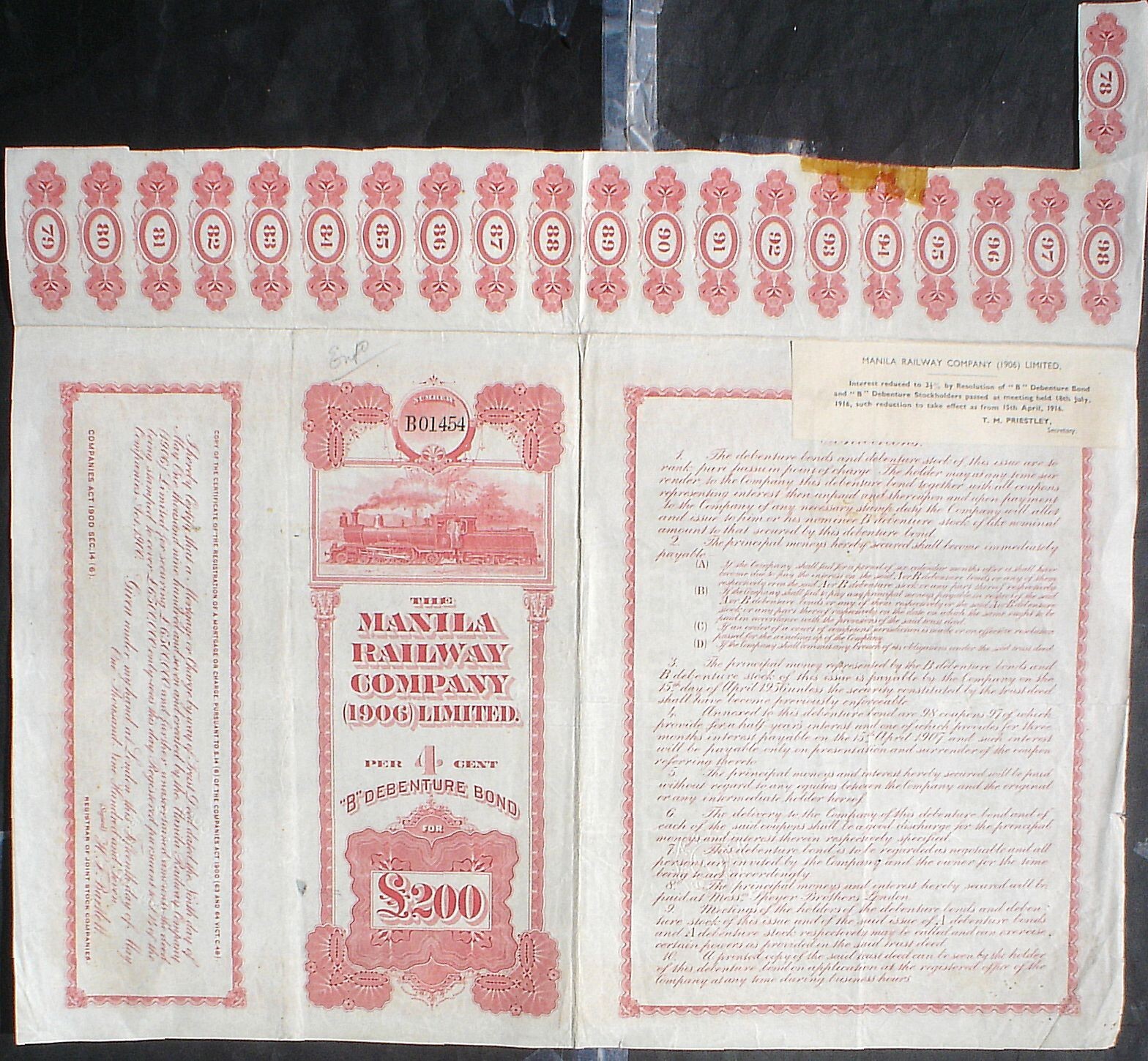 Manila Railway Comp. 200 P. Sterling 4% Bond, 1909 uncancelled + coupons