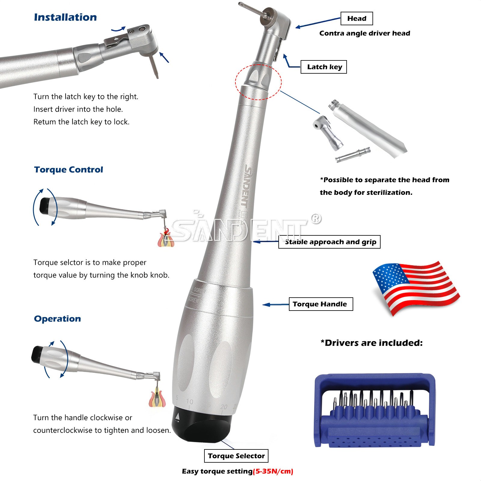 Dental Torque Wrench Universal Implant Kit Wrench Contra Angle & 16 Drivers USA