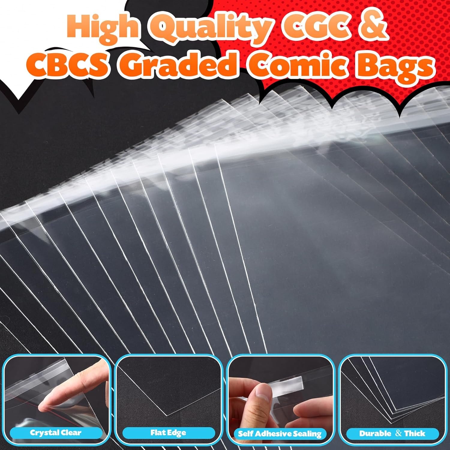 50 Pcs Resealable Graded Comic Book Bags,Clear Plastic Comic Sleeves for CGC and