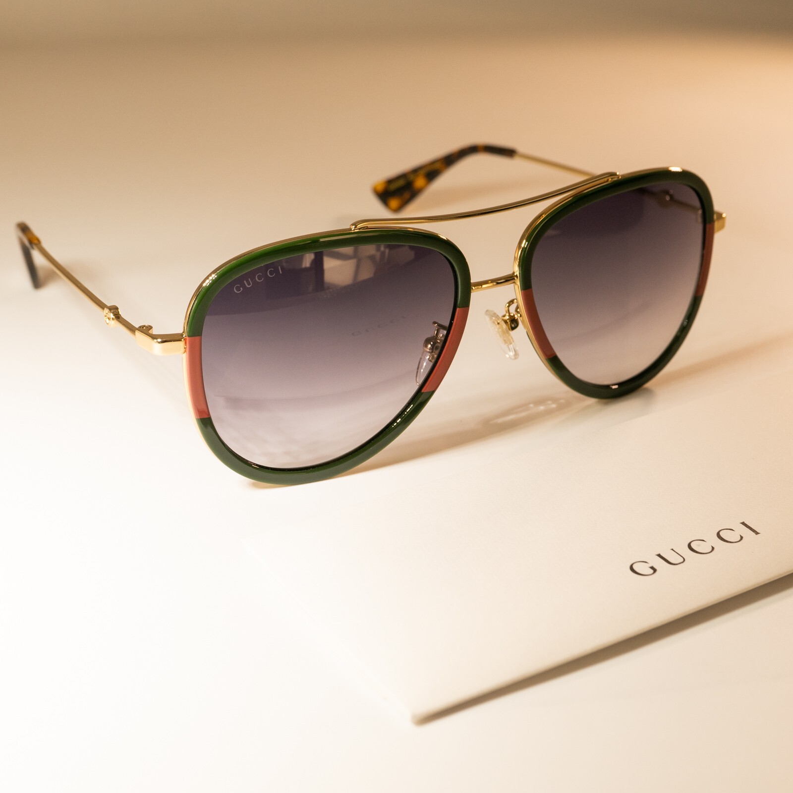 Gucci GG0062S 003 57mm Aviator Green/Red Unisex Sunglasses with Light Grey Lens