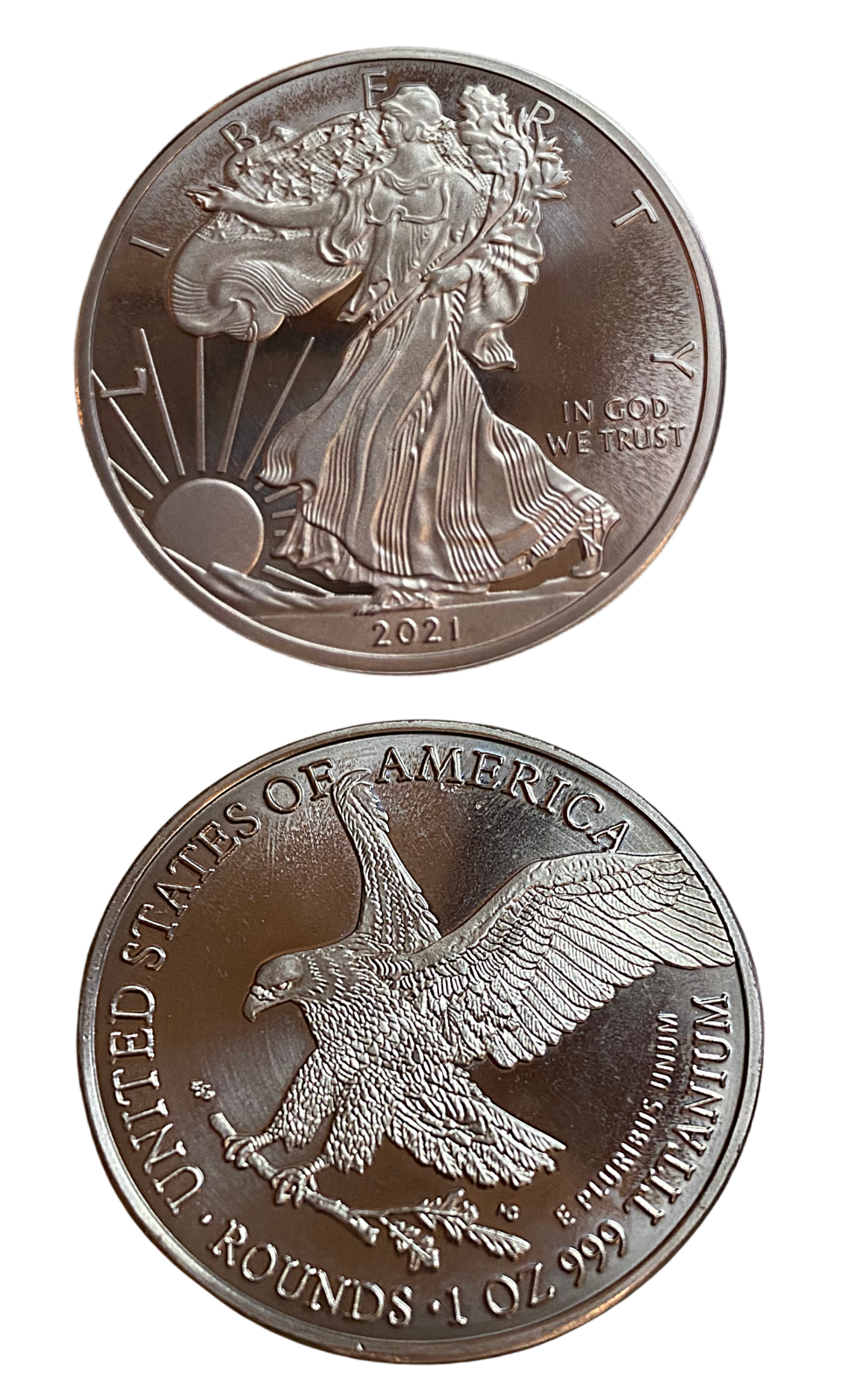 TWO 1 TROY OUNCE/OZ .999 Pure TITANIUM Metal Walking Liberty/Eagle Rounds/coins