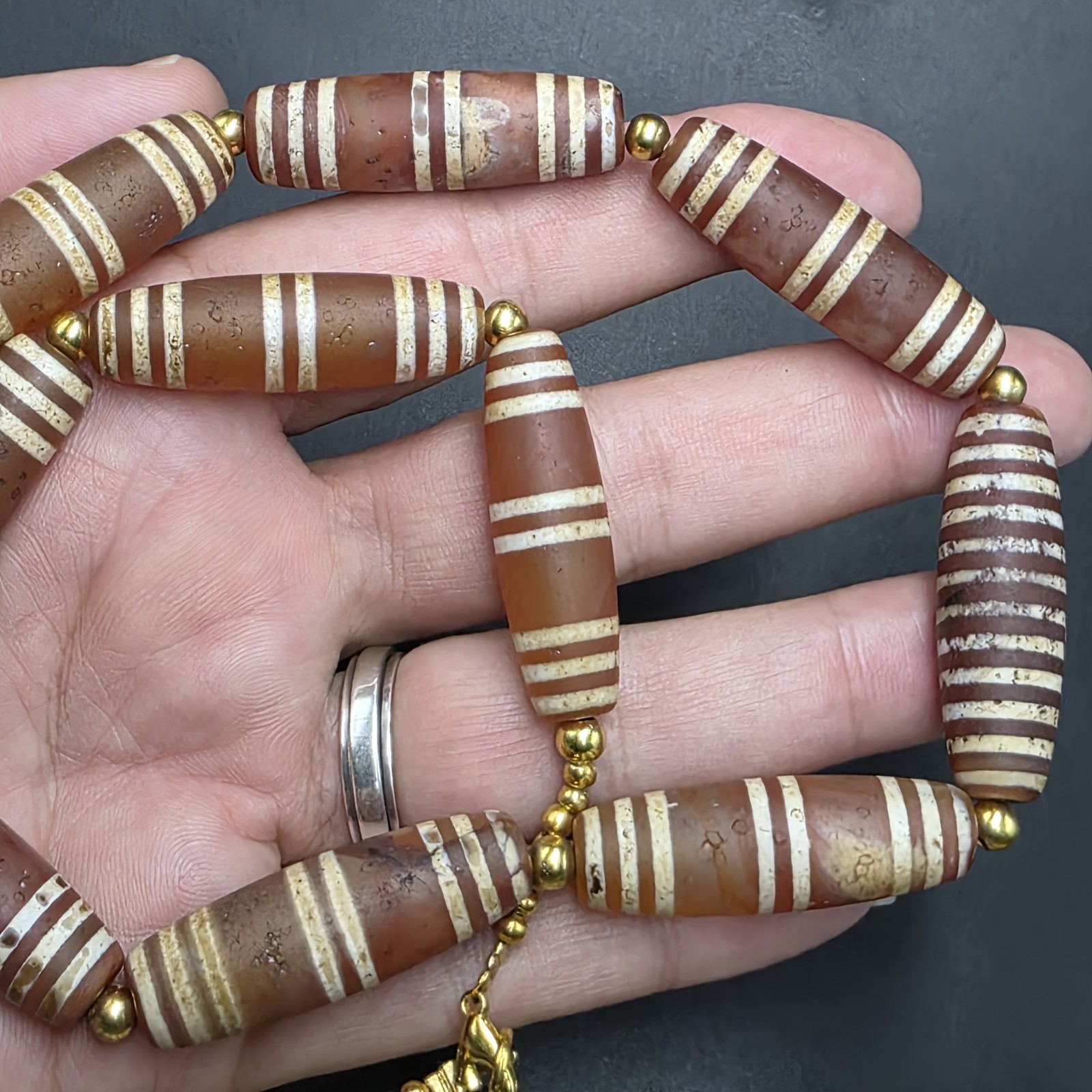 Antique Etched Carnelian Decorated Agate Beads Necklace.