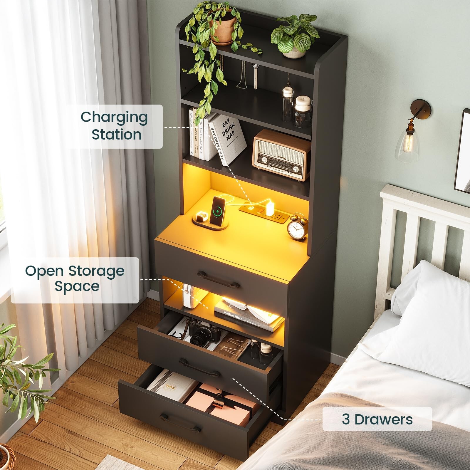 Tall Night Stand with LED Lights, Black Nightstand with 3 Drawers for Bedroom