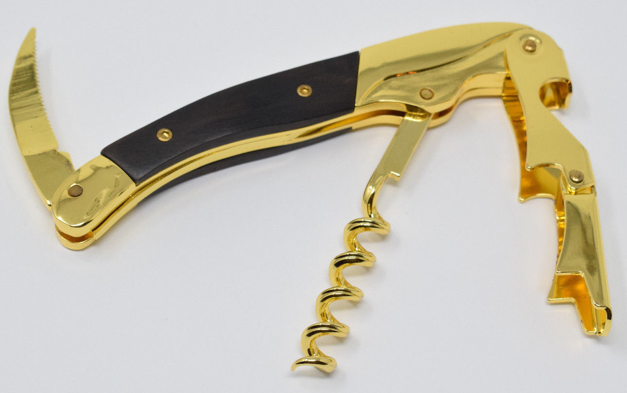 Gold Plated Black Wood Handle Corkscrew Double Hinge Waiters Wine Bottle Opener