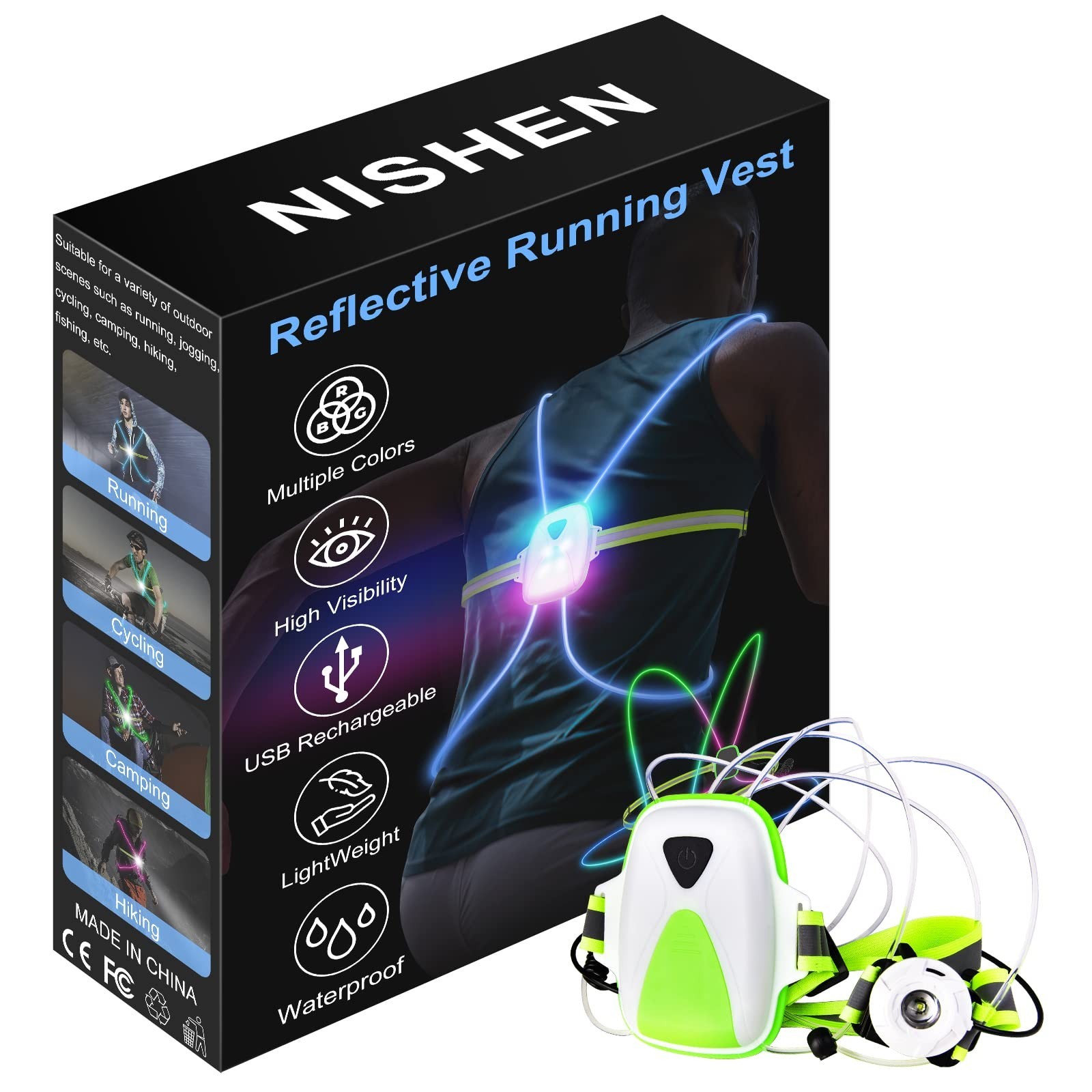 LED Reflective Running Vest with Front Light, High Visibility Safety Vest for Ru