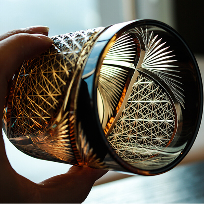 Hand blown hand cut whiskey glasses color overlay glass gifts amber black 9 Ozs