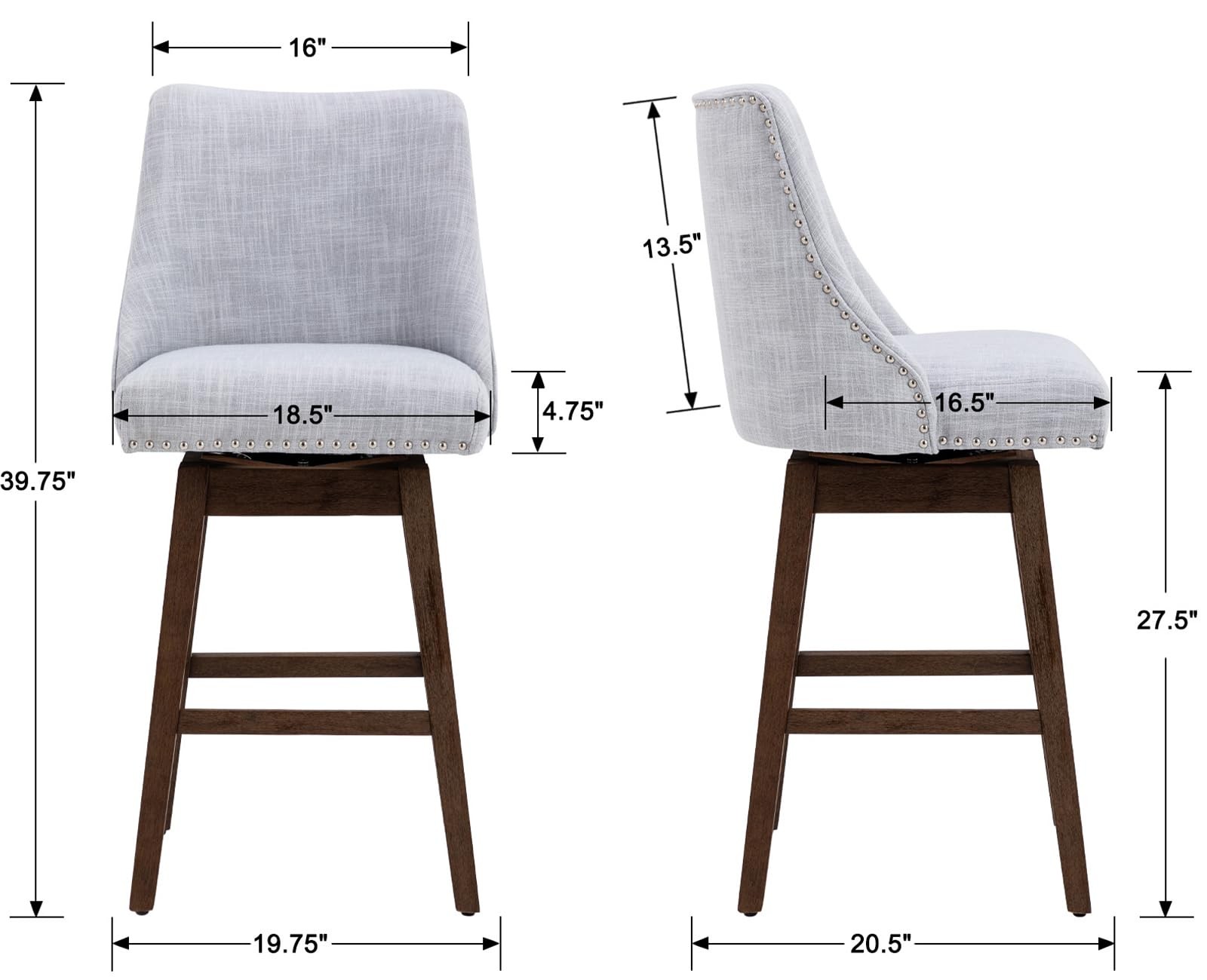 二十世纪中叶现代旋转吧凳,27 英寸,木腿,舒适亚麻织物