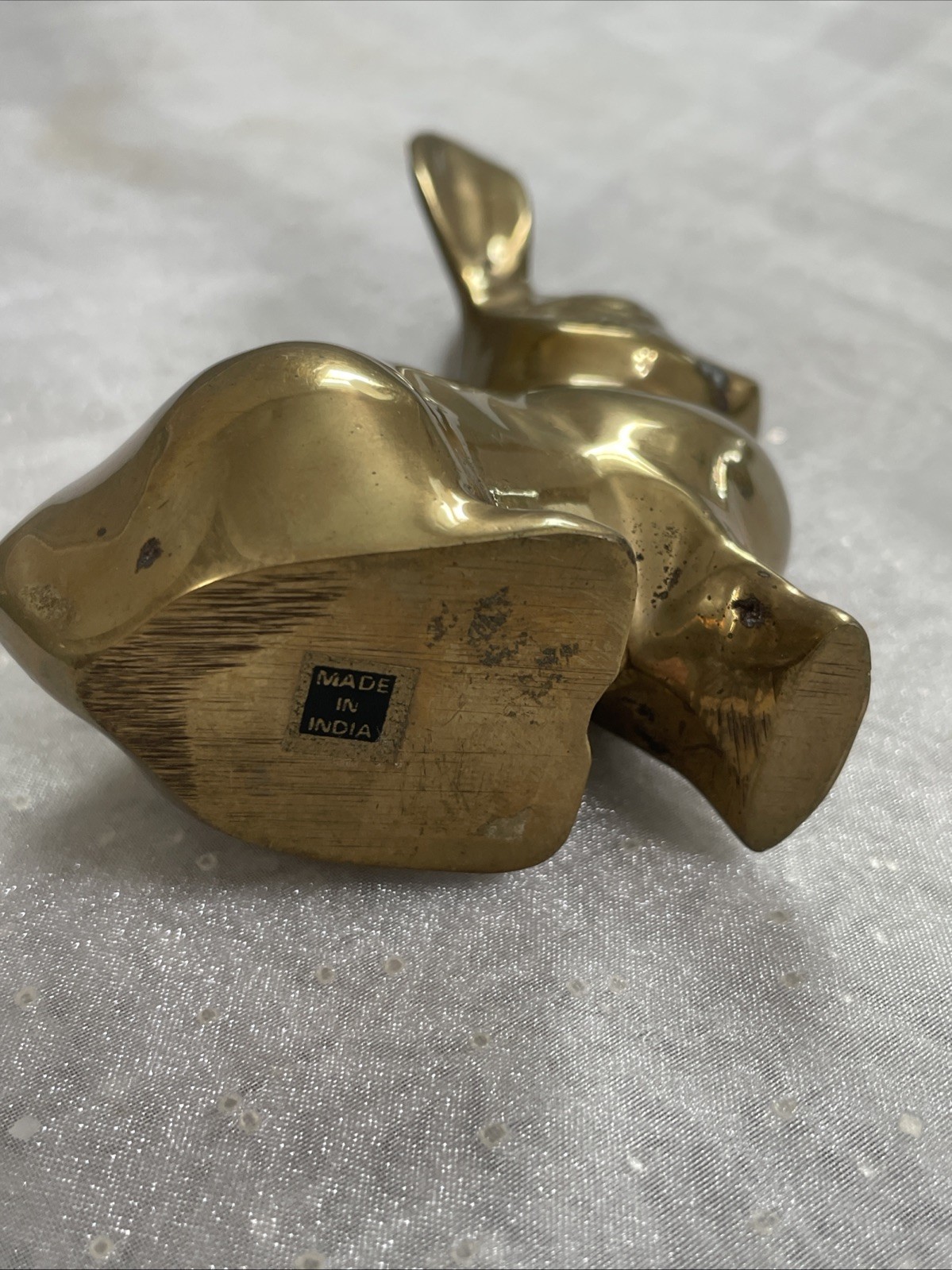 VTG Solid Brass Bunny Rabbit Figurine Paperweight ~Long Ear ~ India 3”Lx4.25”H