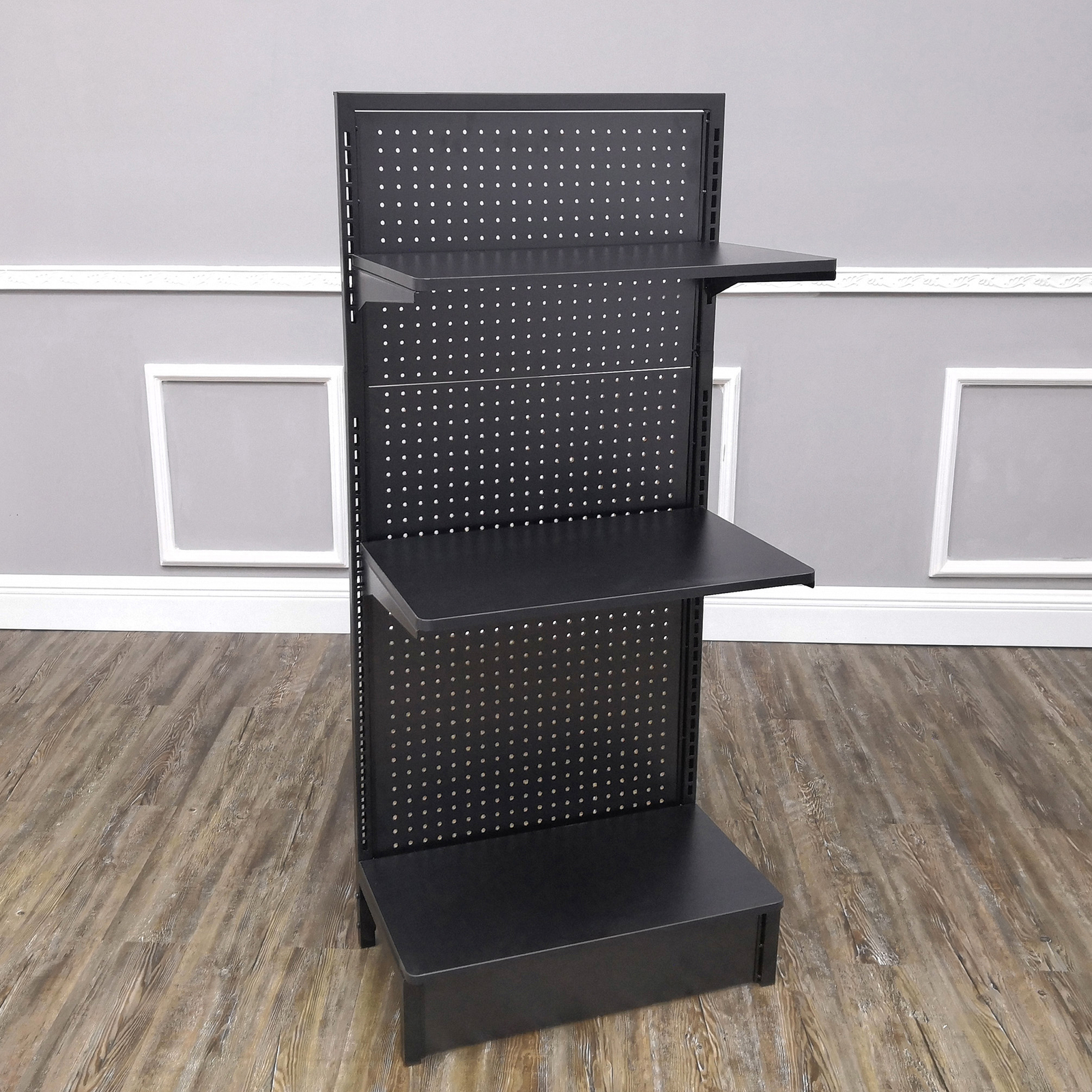 24.0" Wide Gondola Rack Stand with Two Shelves Black Pegboard Display