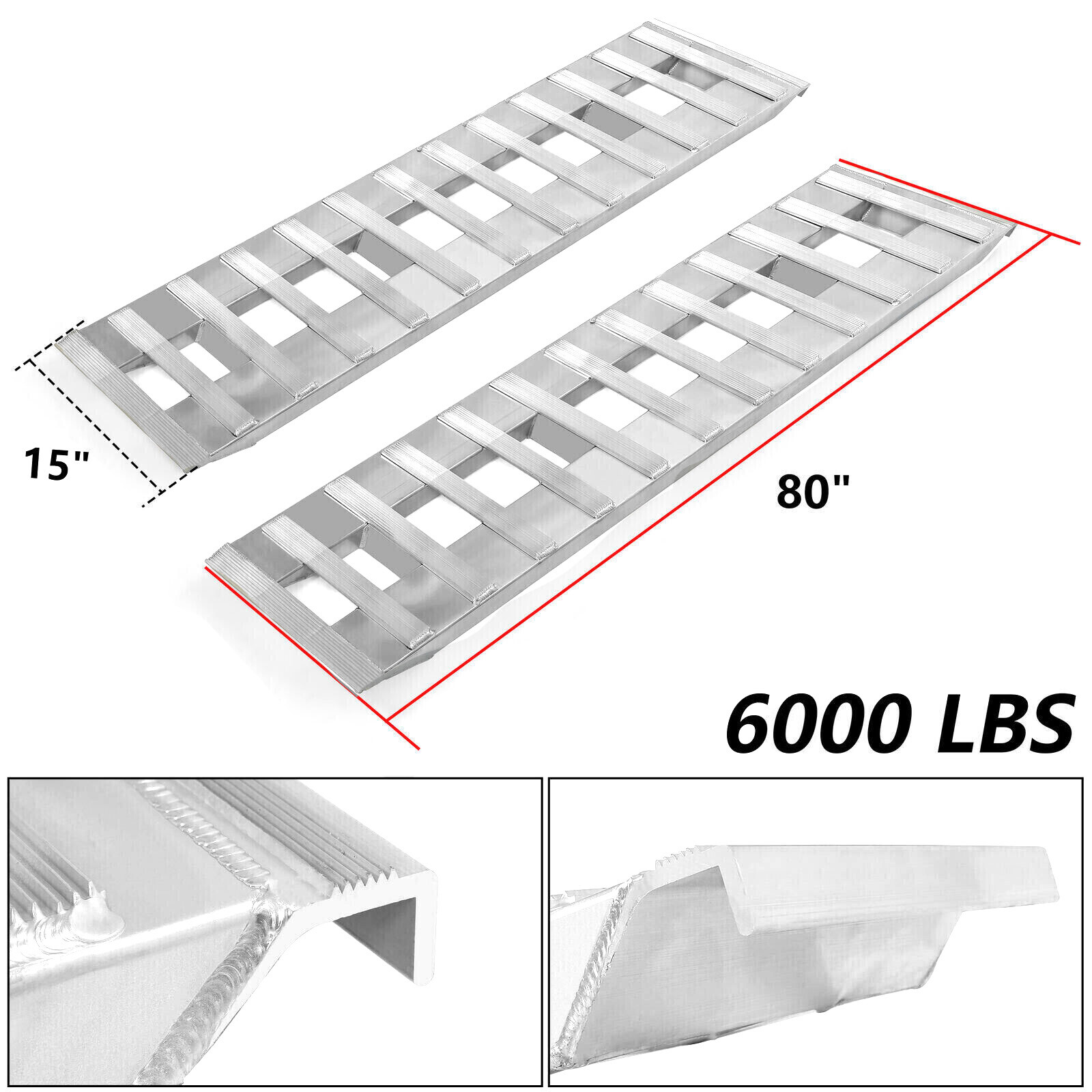 Pair Of 80" X 15" Aluminum 6000 LBS Truck Car Auto Trailer Ramps Hook End Knife