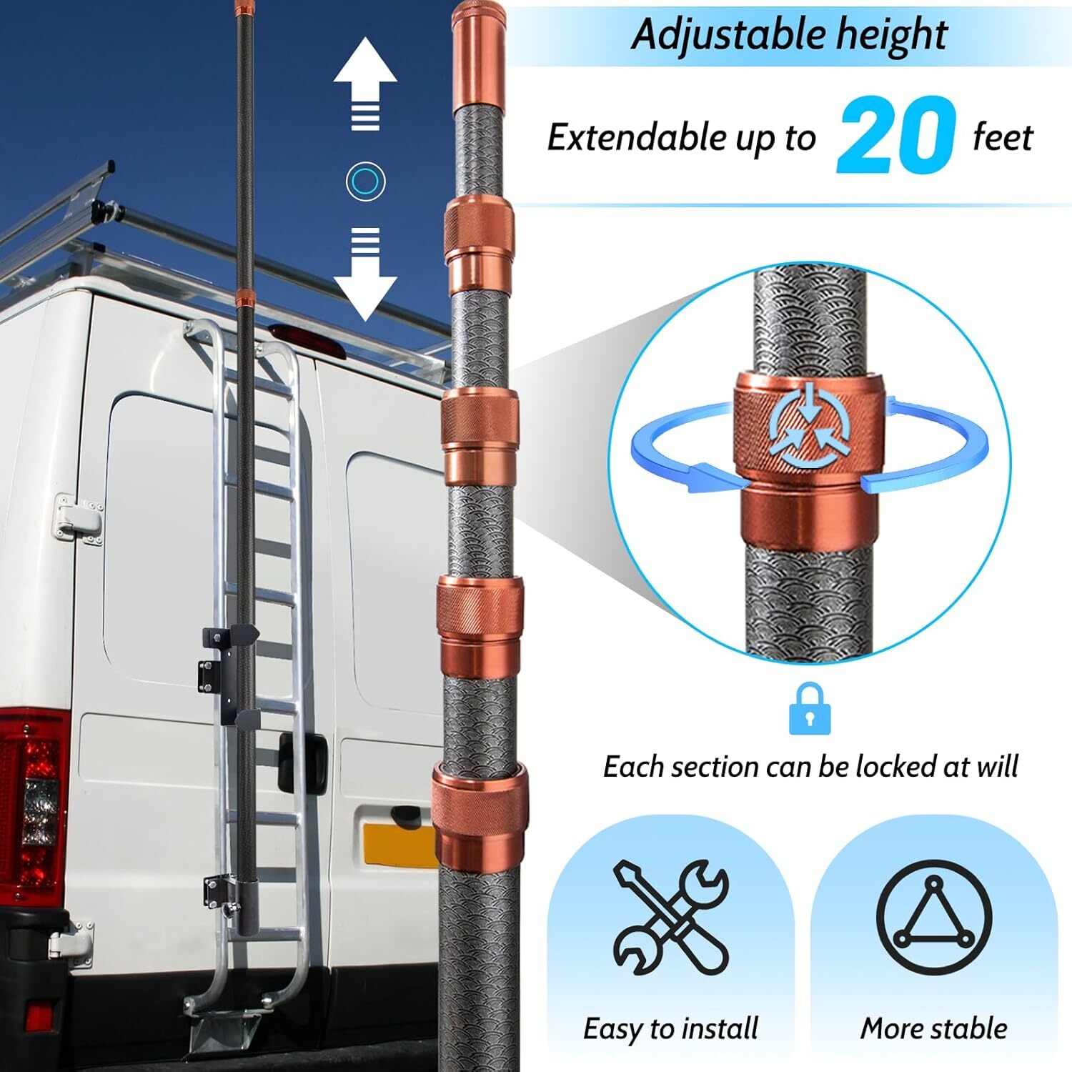 RV Ladder Flagpole Kit, Carbon Fiber Telescopic Flagpole - 20ft Adjustable