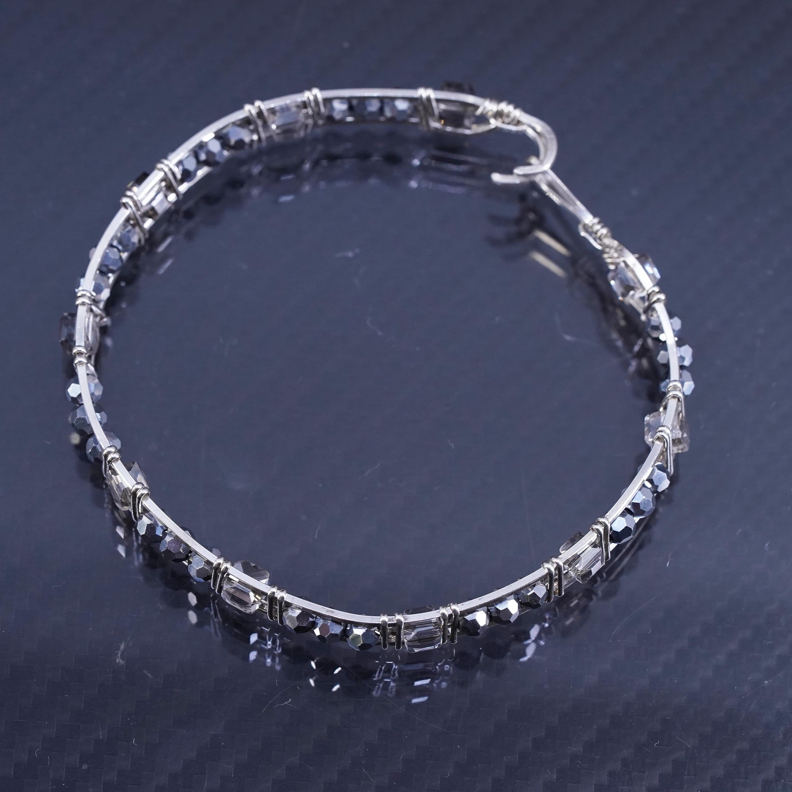 7.5”, Mexican sterling silver wired 925 hinged bangle, bracelet cluster crystal