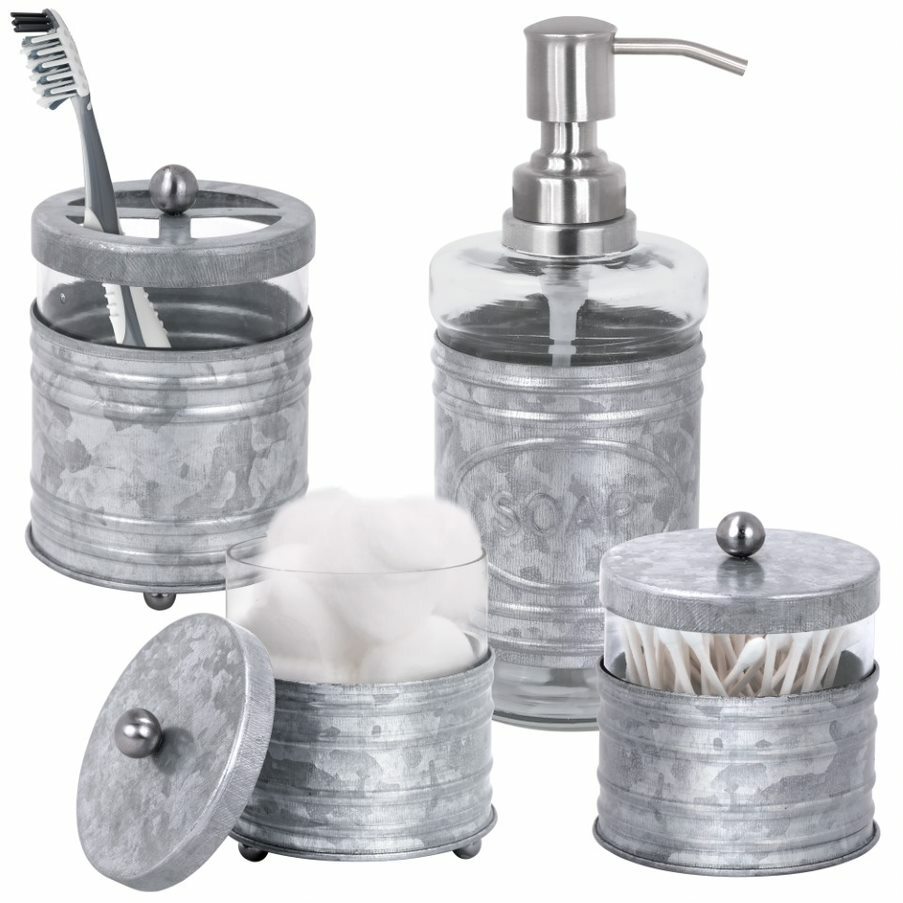 Autumn Alley Galvanized & Glass Farmhouse Bathroom Accessories Set- 4 pieces