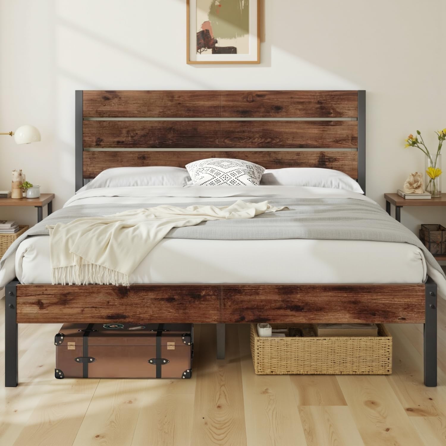 Queen Bed Frame with Headboard and Footboard, Under Queen, Rustic Brown